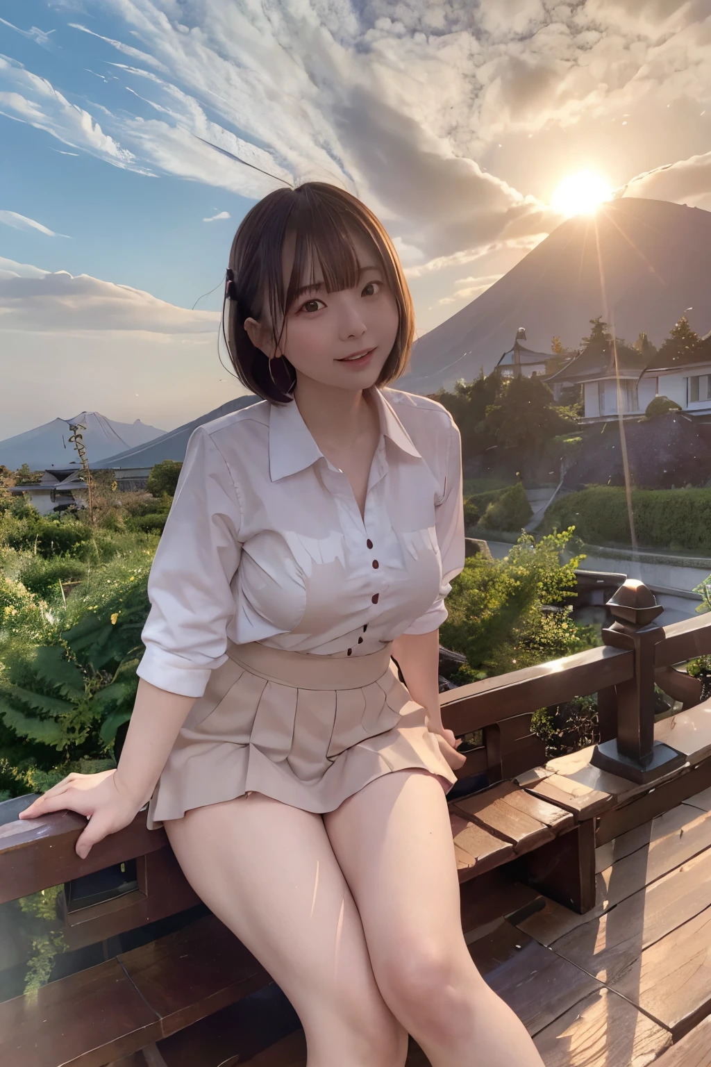 8k, raw photo, best quality, hires, realistic, photorealistic, extremely detailed 8k wallpaper, beautifully detailed eyes, finely detailed face, 
 break 
cinematic lighting, rim lighting, 
 break 
(the sun is just falling into top and center of the mount-fuji:1.5), 
(shrine precincts on high ground:1.2, light purple dusk:1.1, sparkle, fallen leaves:1.1), cloud, 
 break 
(perfectly anatomically correct:1.4), 
 break 
1 girl, 
(clothing autumn school uniform:1.1), 
(exposing plump feet), 
kawaii, short bob hair, 
(symmetrical clear eyes), chocolate color eyes with captivating reflections, 
[[white skinned], chiseled face, [round face, round chin], 
moderate eye bags, [double eyelids], tareme, [wide-set eyes], [embarrassed, blush], 
eighteen], 
[cheerfully], [open mouth], [cleavage], 
 break 
sfw:1.0, 
 break 
from below, wide shot, pan focus, feet out of frame, 