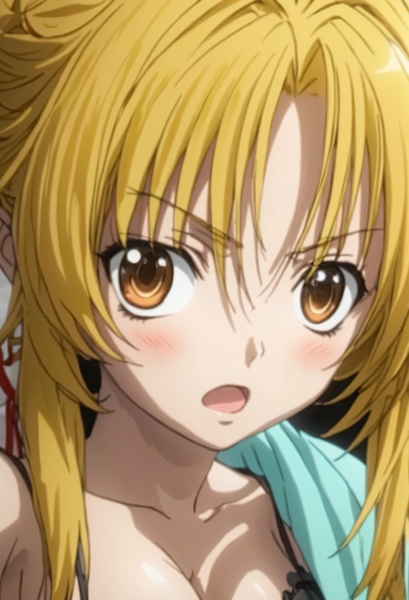 (((masterpiece、Best Quality、High resolution、High precision)、anime))、Beautiful normal breasts、(Dynamic pose)、Looking into the camera、(Beautiful detailed face、美しいBig Eyes、Light in the eyes)、((One Girl))、Yellow updo hair、((Embarrassed face))、Red cheeks、(High Quality Nipples、(Beautiful erect nipples、Erect nipples))、(((High resolutionのフルヌード、High quality hairless vagina、High resolutionなクリトリス)))、Open mouth and drooling、((Accurate Vagina))、orgasm、Low angle、Dripping love juice from between her legs、Fair skin、Squishy Vagina、Big Eyes、Zoom in on the lower body