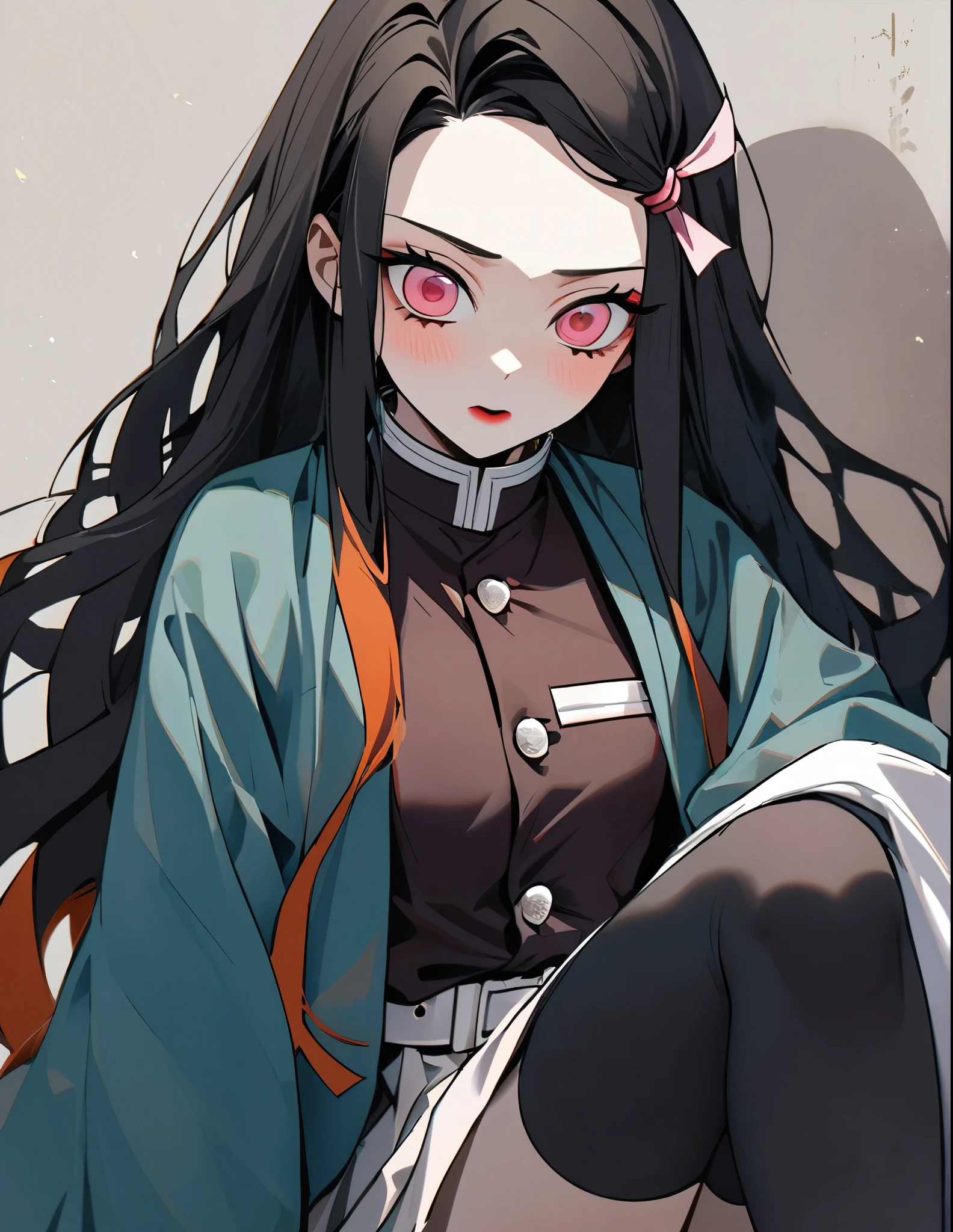 1girll, Long black hair,Princess cut,Magenta eyes, Demon Slayer uniform, white legwear, haughty, White and pink haori,