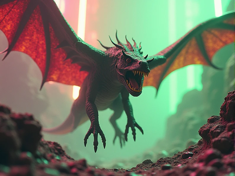 ultra-detailed illustration, very aesthetic concept art of alien dragon, a demon beast with a black skeleton and purple limbs and deformed wings, glowing red eyes, compound eyes, angry, starvation, long purple tongue, fangs, dynamic pose, dynamic angle, dutch angle, depth of field, chromatic aberration, glitch effect, light particles, dark fantasy, sci-fi, destroyed spaceport