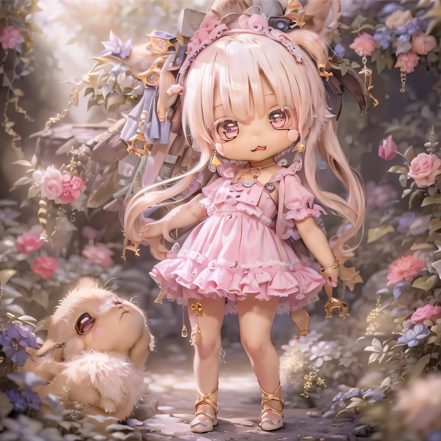 In the garden, smile, Similar to Chi from Made in Abyss. She is beautiful, beautiful eyes and lips.  (((chibi style,))) . The image quality is excellent, Highly detailed and realistic features. The medium of this work is、Combining illustrations and photorealistic renderings.. The colors are vivid、The lighting creates a warm and bright atmosphere。 whole body(((((Cute Pink Dress)))))Contrasting cute poses