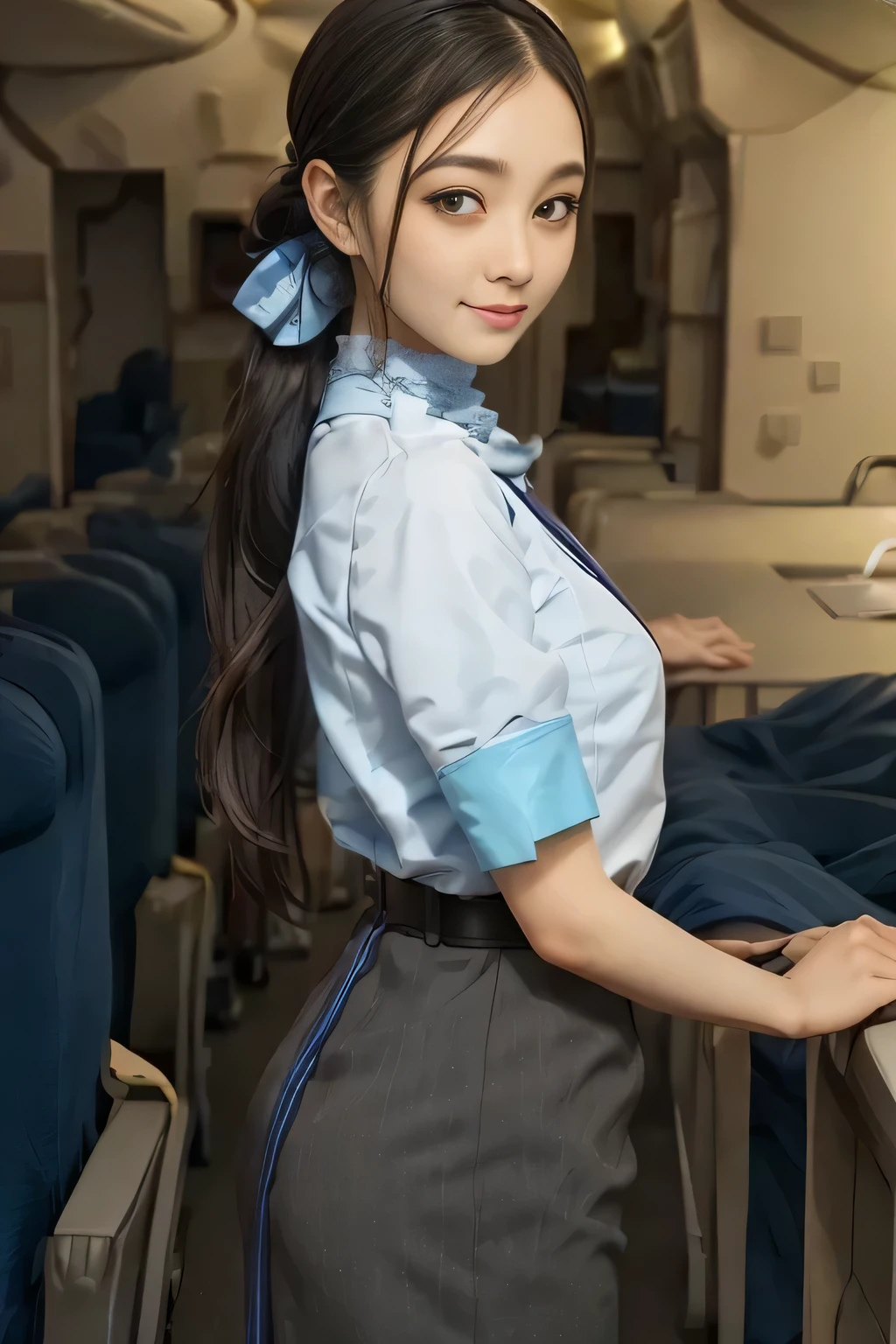 (masterpiece:1.2, Best Quality:1.2), 32K HDR, High resolution, (Alone、1 girl)、（On the roof of a building during the day、Professional Lighting）、Building rooftop background、（ANA cabincrew uniform blueを着たリアルスタイル）、（（ANA cabincrew uniform blue short sleeve blouse 、 ANA cabincrew uniform blue skirt with blue line on the back、Scarf around the neck））、Dark brown hair、（Super Long Hair、ponytail、Braids）、Dark brown hair、Long Shot、Big Breasts、Thin legs、Blue Eyes、（（Great hands：2.0）），（（Harmonious body proportions：1.5）），（（Normal limbs：2.0）），（（Normal finger：2.0）），（（Delicate eyes：2.0）），（（Normal eyes：2.0））)、smile、（ANA cabincrew uniform blueを見せた美しい後ろ姿）、Hands down
