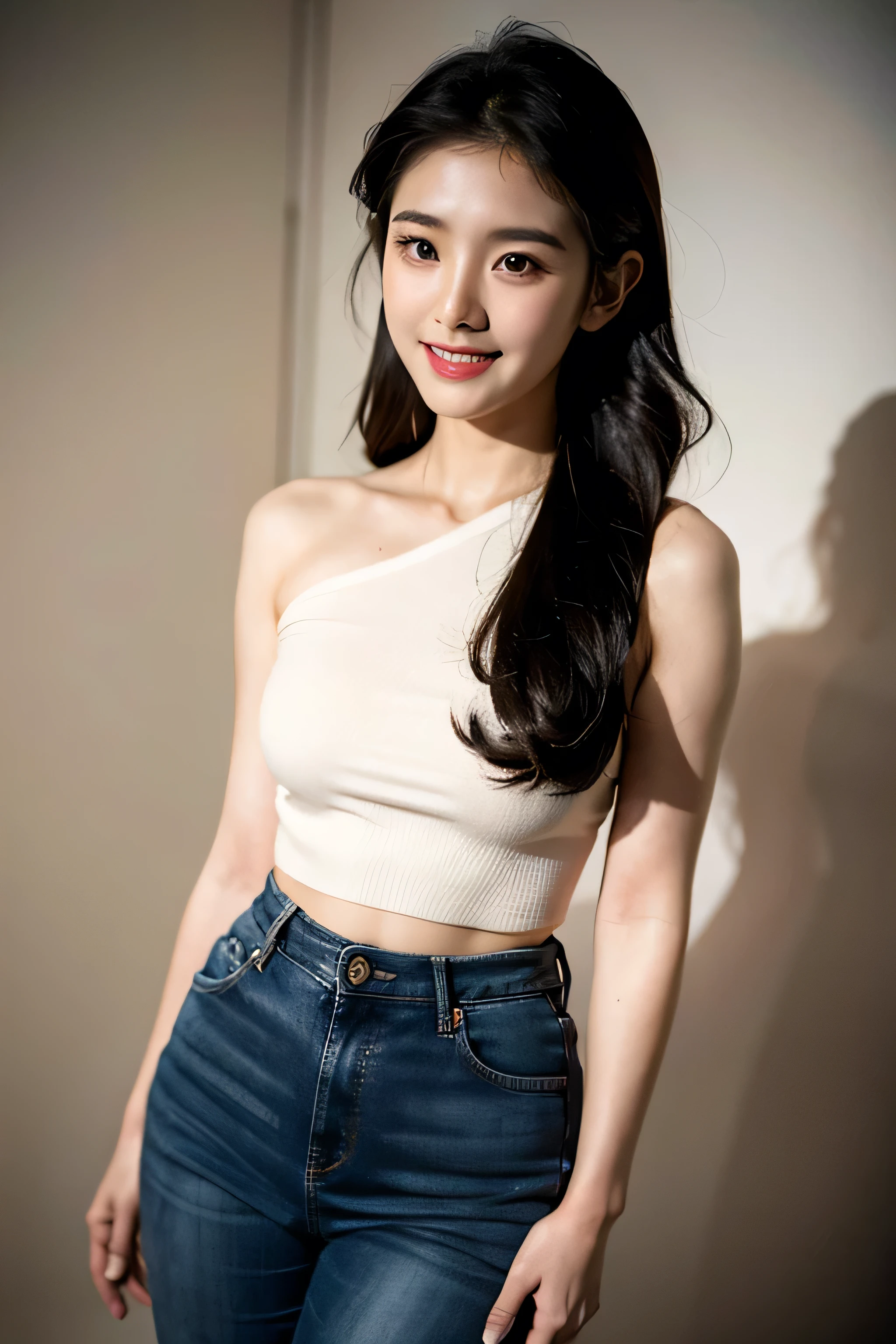 A young Korean woman, cropped, shoulder-baring shirt, Black jean pants, have sharp eyes, attractive woman, with a perfect figure, long slender legs, and a very thin, very beautiful girl, Her radiant fair skin glows, Perfection hand, fashion photography, black hair, long hair, korean style hair, portrait, smile showing teeth, refreshing, brightening, glittering, moisturizing, whitening skin, korean style fashion, in studio photography