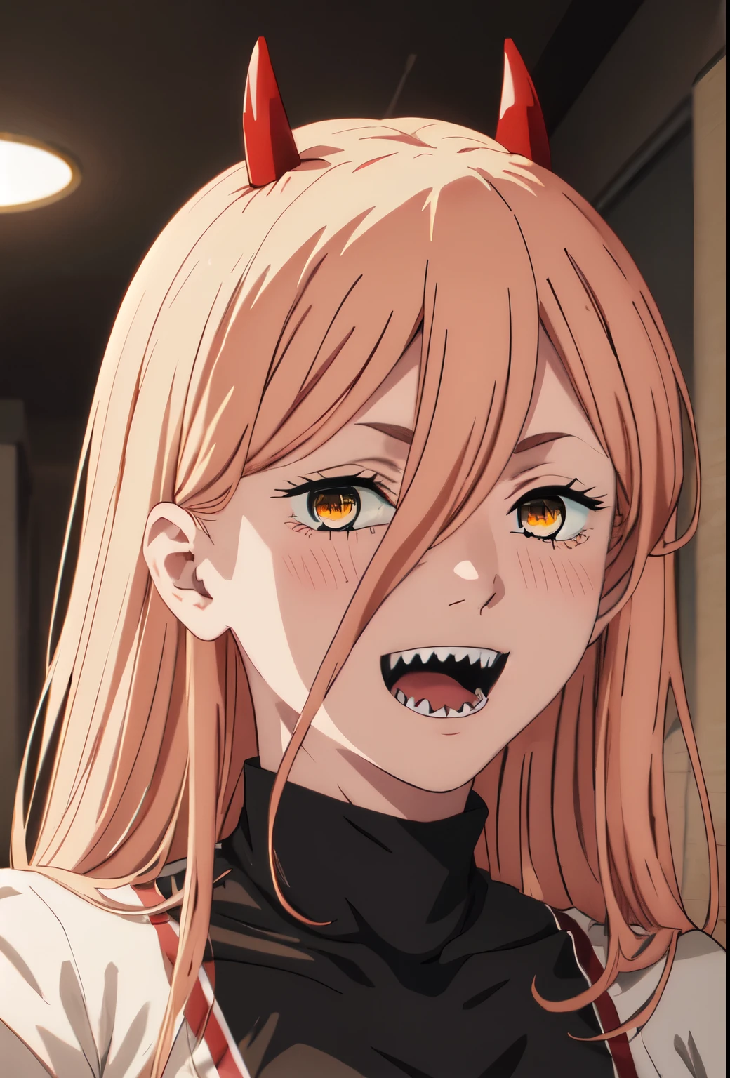 best quality, masterpiece, highres, solo, (power_chainsawman:1.10), 1girl, sharp teeth, portrait, open mouth, looking at viewer, smile, blush, parody, scene reference, anime_style, 10 