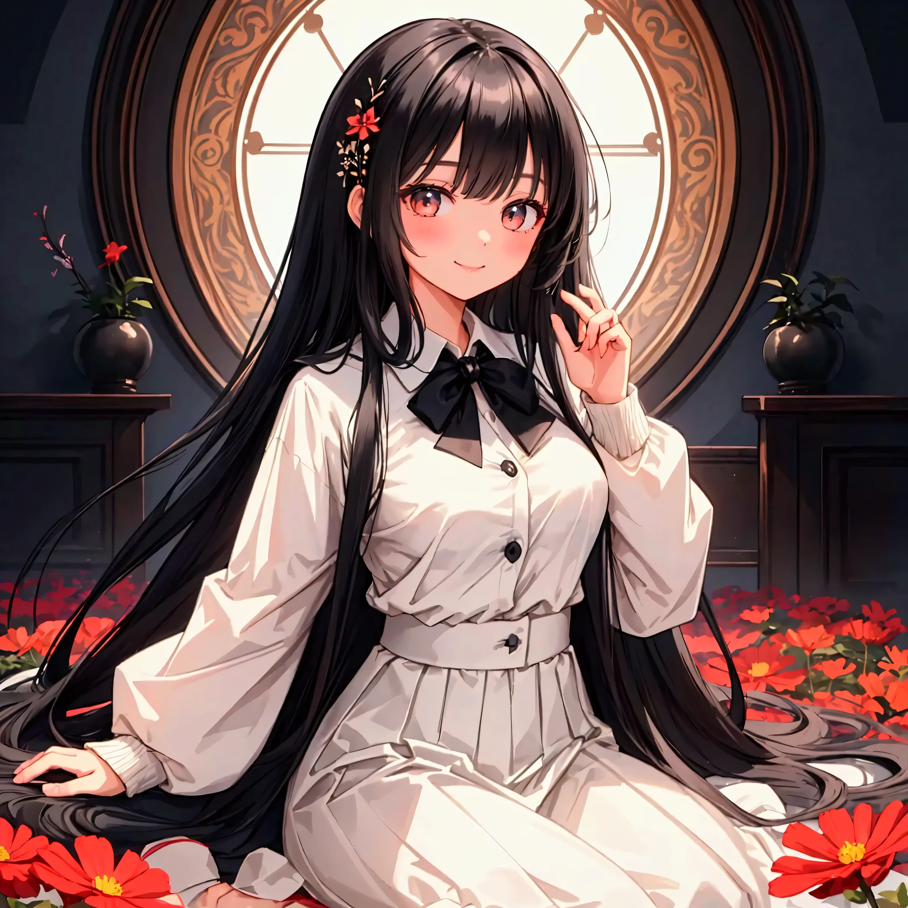 masterpiece, Best Quality,Super detailed,Hyper Detail, Cinematic Light,　A woman with long black hair, 160cm tall　Weight 45kg　Small breasts　Cosmos flower field with daytime background　White Skirt　Black blouse　Beige cardigan　smile　手を胸の前で組む