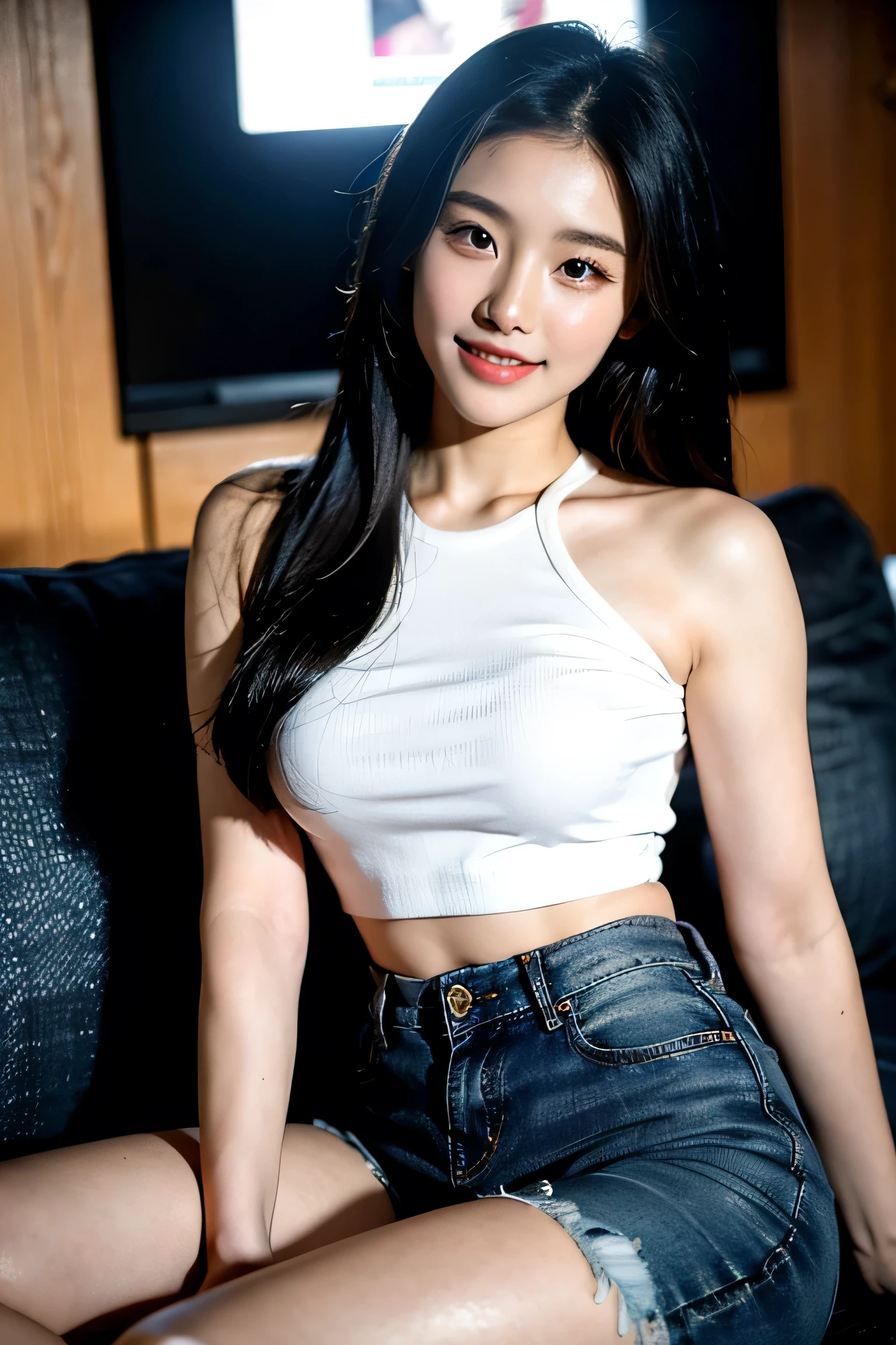 A young Korean woman, cropped, shoulder-baring shirt, Black jean pants, have sharp eyes, attractive woman, with a perfect figure, long slender legs, and a very thin, very beautiful girl, Her radiant fair skin glows, Perfection hand, fashion photography, black hair, long hair, korean style hair, portrait, smile showing teeth, refreshing, brightening, glittering, moisturizing, whitening skin, korean style fashion, in studio photography