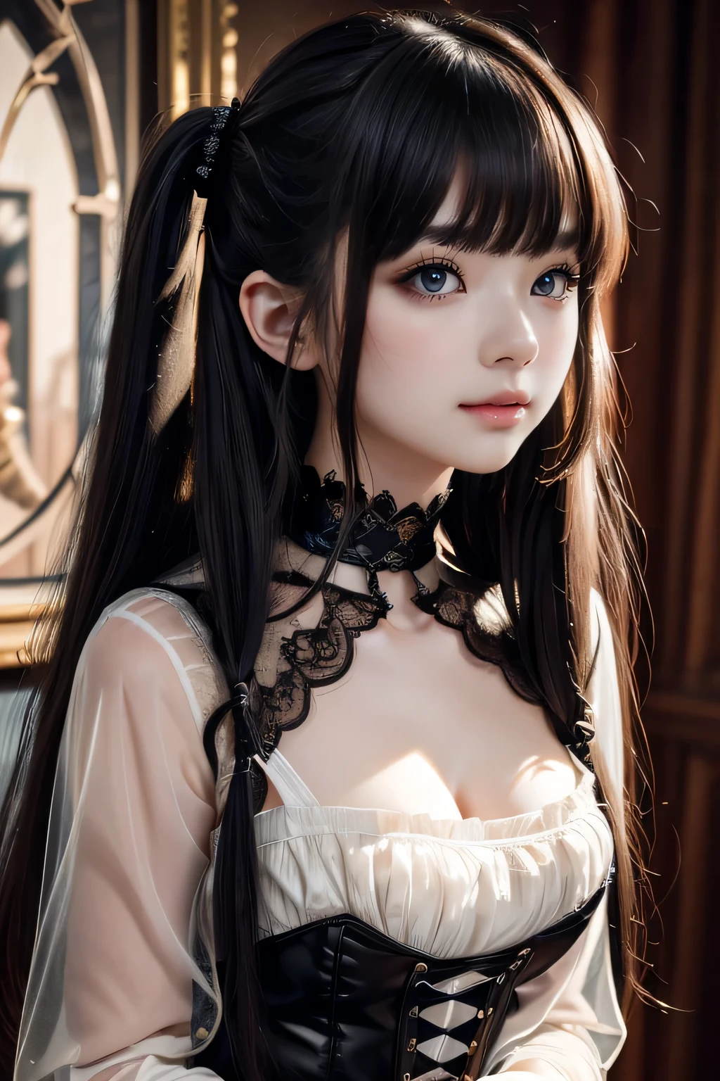 (Pale skin:1.3), (warm color: 1.4), (translucent: 1.4), (Vintage Filter: 1.4), (Fantasy: 1.4), Moon Night Background,, Ultra-realistic, super high quality, Cinema Lighting, Shadows in the movies, Huge details, Full HD Painting, Plenty of light, The most beautiful、Gorgeous girl, Ultra-high resolution,Sweaty, Fine skin, (Strong light), ((Lighten the topic)), White collared dress, Wearing a black gothic dress, Knee-high socks, Choker, ear piercing, necklace, masterpiece, Best Quality, Real Skin, (Portraiture:1.5), 1 person, Blunt bangs, Long blond wavy hair, Twin tails, Twin tails,