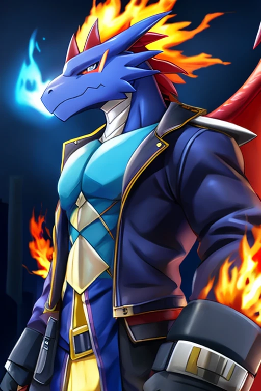 Dragon fighter Digimon that wears a black and blue jacket and his fists are wrapped in flames
