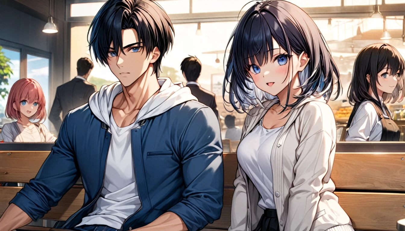 A beautiful girl is watching from behind an anime man sitting on a bench in a cafeteria looking at a job magazine, Handsome man in a white hoodie and blue jacket（Asuka）, A beautiful girl with black hair and medium-long bob hair wearing a white cardigan（Haruna）, Handsome anime pose, 4K Manga Wallpaper, 4k anime wallpaper, anime wallpaper 4k, anime wallpaper 4k,Asuka and Haruna, Anime Art Wallpaper 8K, . Digital Rendering, Handsome man anime portrait, Wallpaper Anime