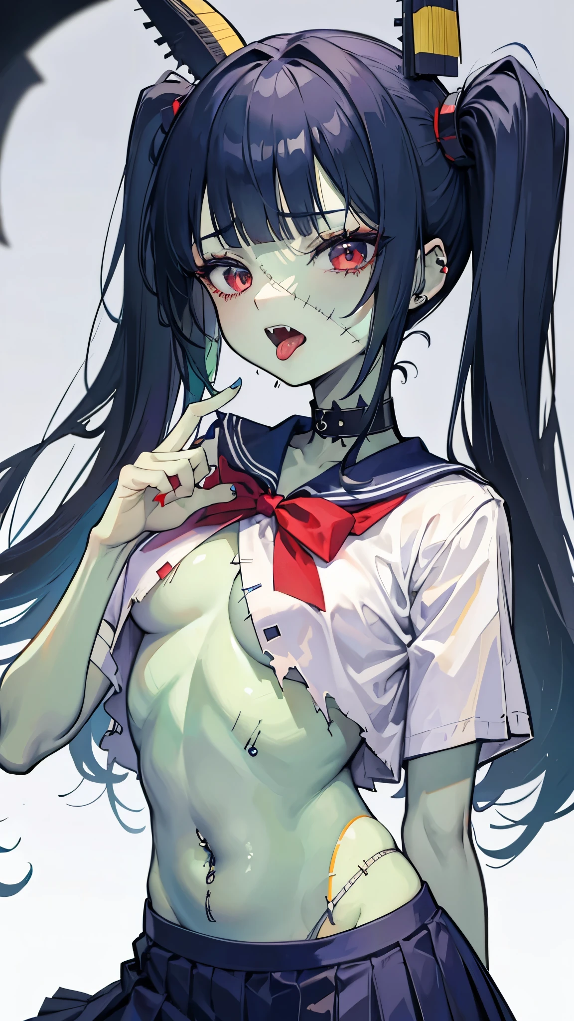 ((masterpiece、Best Quality、Very detailed))、One Girl、((Green Skin))、Black Hair、twintails、blunt bangs、Red eyes、((open mouth))、((tongue licking))、((lots of piercing))、Small breasts、Show your fangs、((school uniform))、((Short sleeve))、((torn clothes))、belly button、((Navy blue pleated skirt))、((stitched face:1.3))、((patchwork skin))、Cowboy Shot、((night))、Graveyard Background