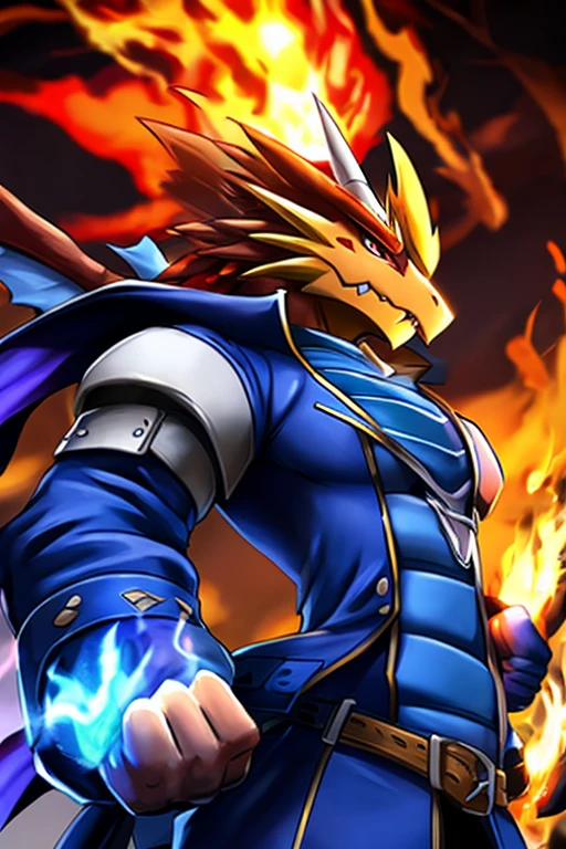 Dragon fighter Digimon that wears a black and blue jacket and his fists are wrapped in flames
