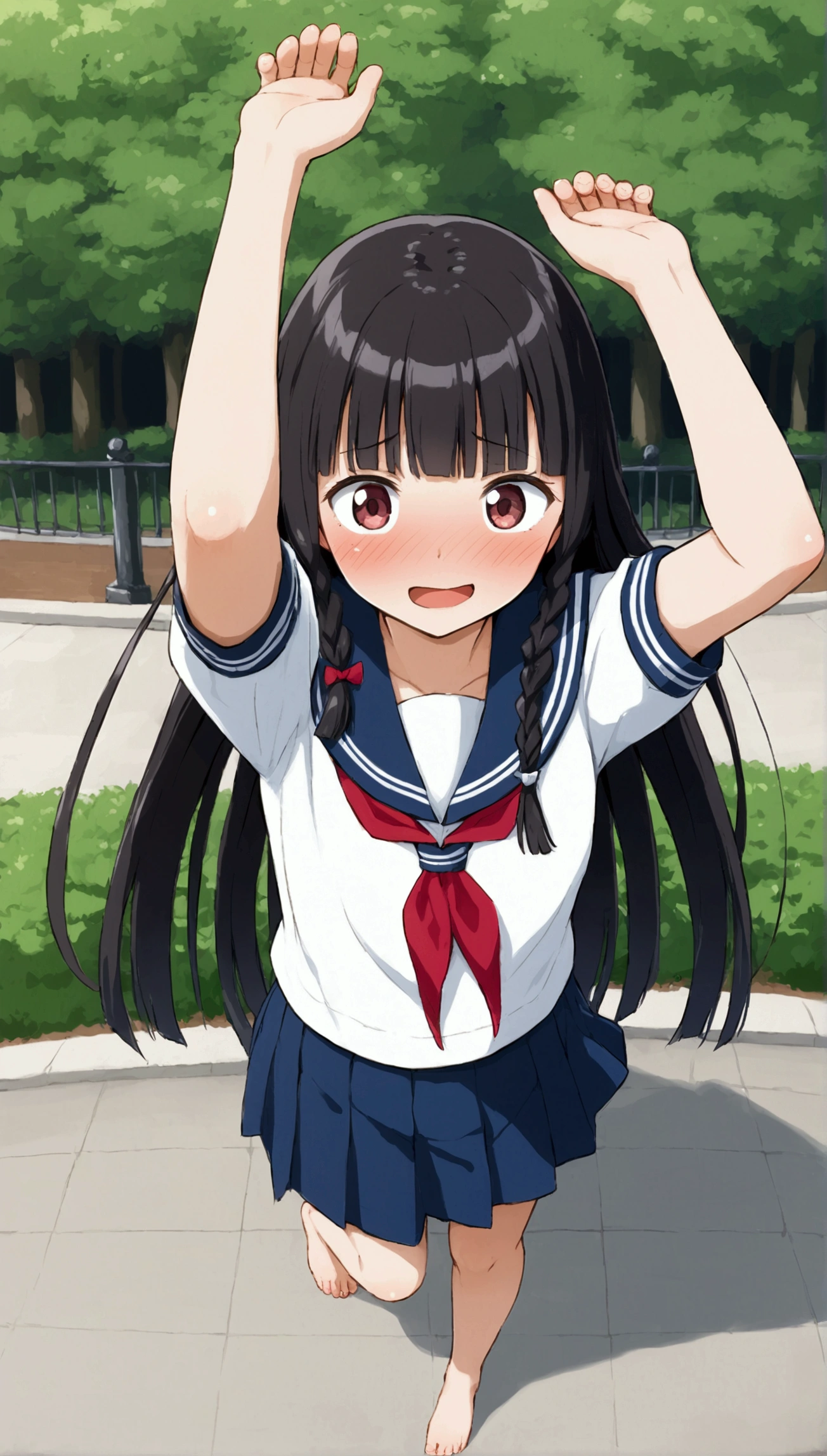 {Best Quality}, {Very beautiful},{Ultra fine},{Best illustration},Black Hair,Hime cut,Long Hair,Braids,Walking woman,Excited face,High school girl,Sailor suit,Short sleeve,skirt,barefoot,Bare legs,In the park,Slender,Spread your legs,skirtをめくる,From above,Blushing,Sulky face,Embarrassed,