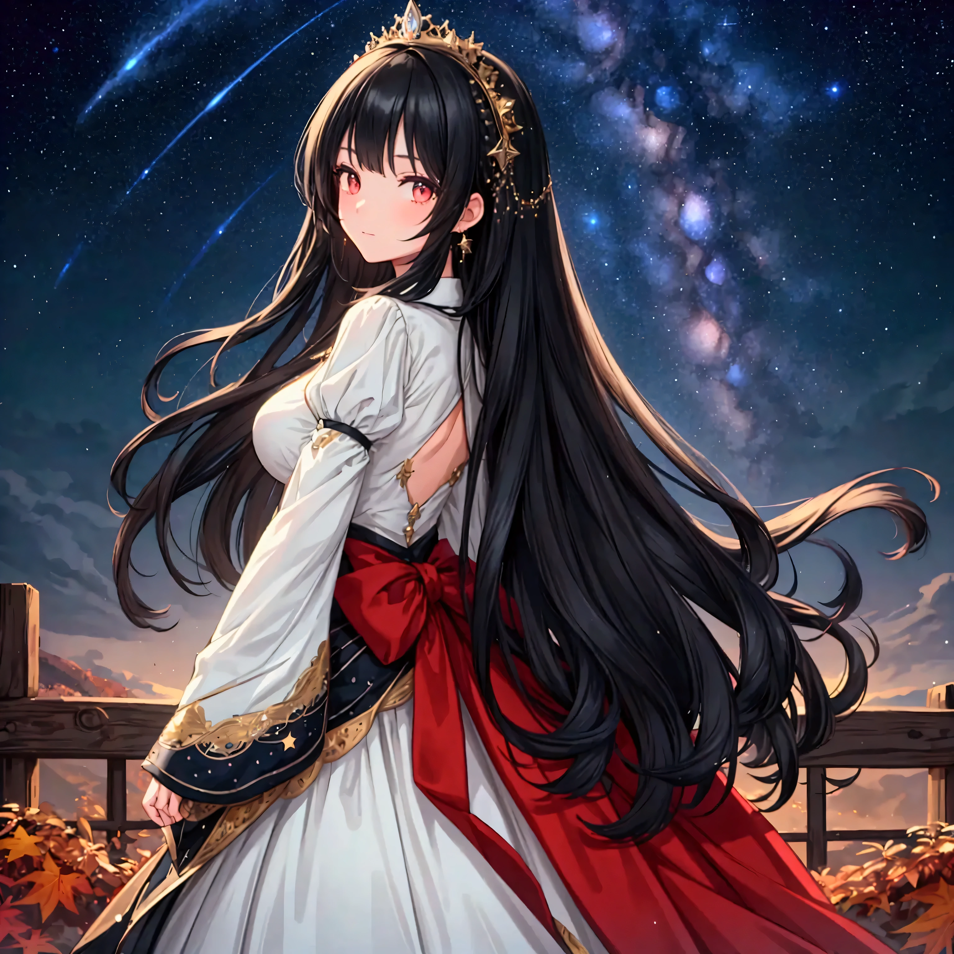 masterpiece, Best Quality,Super detailed,Hyper Detail, Cinematic Light,　A woman with long black hair, 160cm tall　Weight 45kg　Small breasts　Autumn starry sky background　Completely from behind