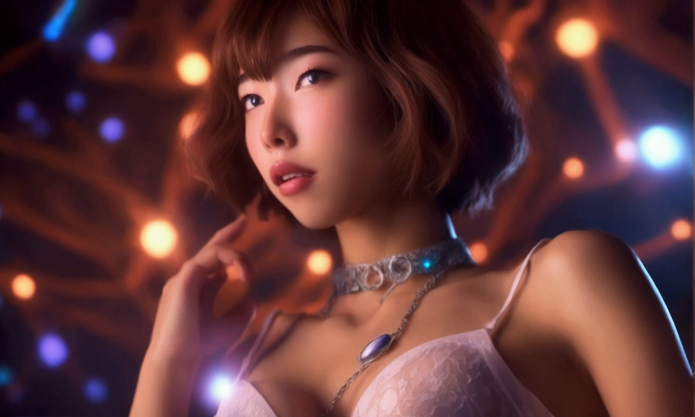 Female、Digital painting of a beautiful attractive woman covered in light gel covering her body、Short Hair、Clear paint、Fantasy art、Elegance Pose、Beautiful breasts、Chest presedium Long Shot、Lighting clear and soft effect、White background