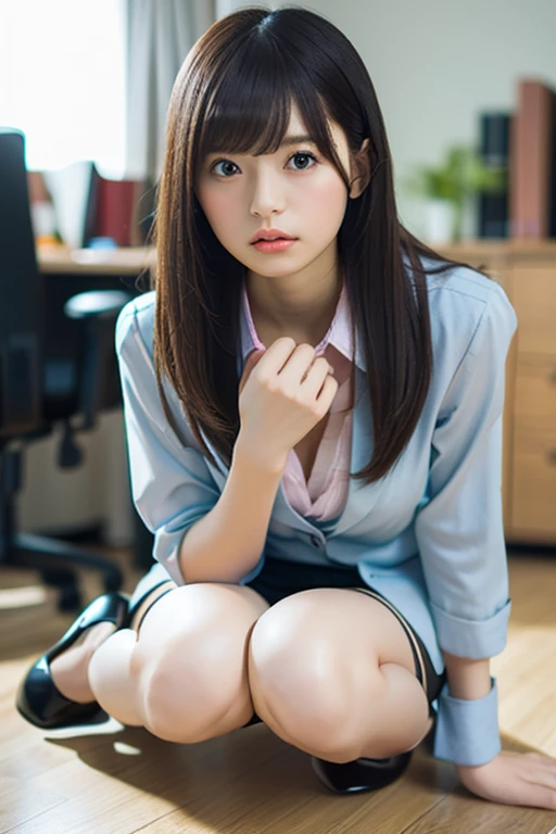 Sharp focus, 8K, RAW Portrait (Japanese ol showing panties in office:1.5), ((Spread your legs out to the side:1.5))、((Japanese Office Lady))、((At work))、((Roll up your skirt to show off your panties:1.5))、nude、Browsing Caution、Like the picture, Ultra-high resolution, Highest quality, Real Life Photos , dramatic, Atmospheric, At night :1.1)、, Very beautiful Japanese women, Attractive female shot, Natural Skin,, (smile:0.5)、Slender body, (Shyness:1.8)、(Panty shot)、(Panties close up:1.8), beautiful,, Black Hair, Beautiful and sophisticated nose、((Black Business Closer Rack Blazer、グレーのTight Skirt、High heels、 ))、Panty Shot、
Office Background, ((Looking into the camera:1.4)),((Dark brown eyes:1.5))、((business suit、Tight Skirt、High heels))、((Viewing angle from below:1.4))、((Very thin little panties:1.4))