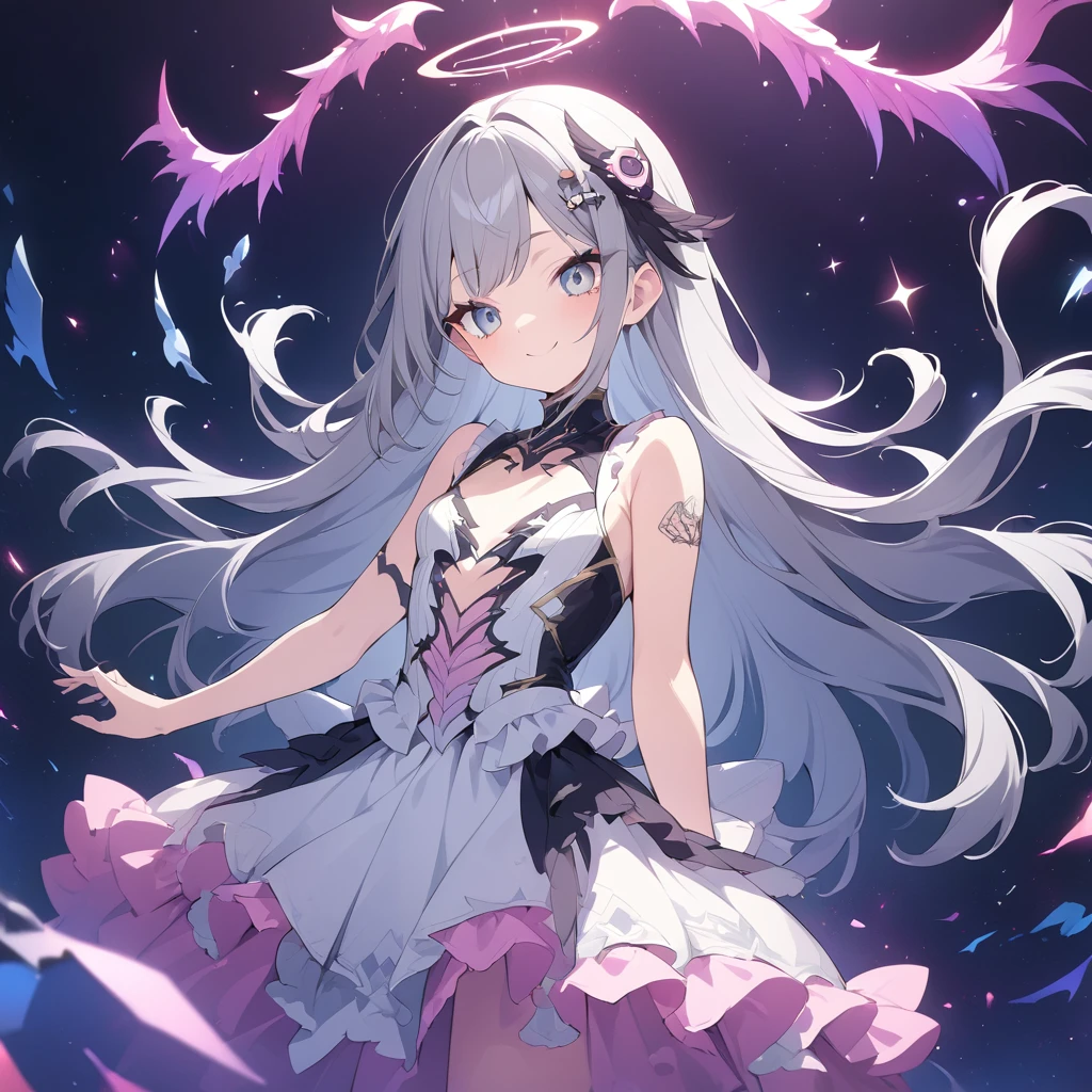 Absurd,anime,Detailed and beautiful eyes,(art),(artistic clothing:1.5),angel,gray hair,smile,(a girl:1.5),from the waist up,(small breasts:1.2),(small chest:1.2),mysterious,fallen Angel,Hello,(Large detailed hair ornament:1.2),(look away:1.5),detailed clothes,Flashy Moves,Mechanical,masterpiece, moe kawaii,abyss,luster,lame,(ultra detailed:1.2), ((highest quality)) ,Extremely Delicately Beautiful ,64k