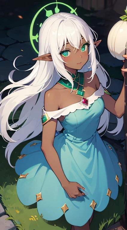 (((I want an elf woman with dark skin, white hair and detailed green eyes, a beautiful body and full breasts, wearing a crown, with a light green dress with white details, and on her face a sweet smile)))
