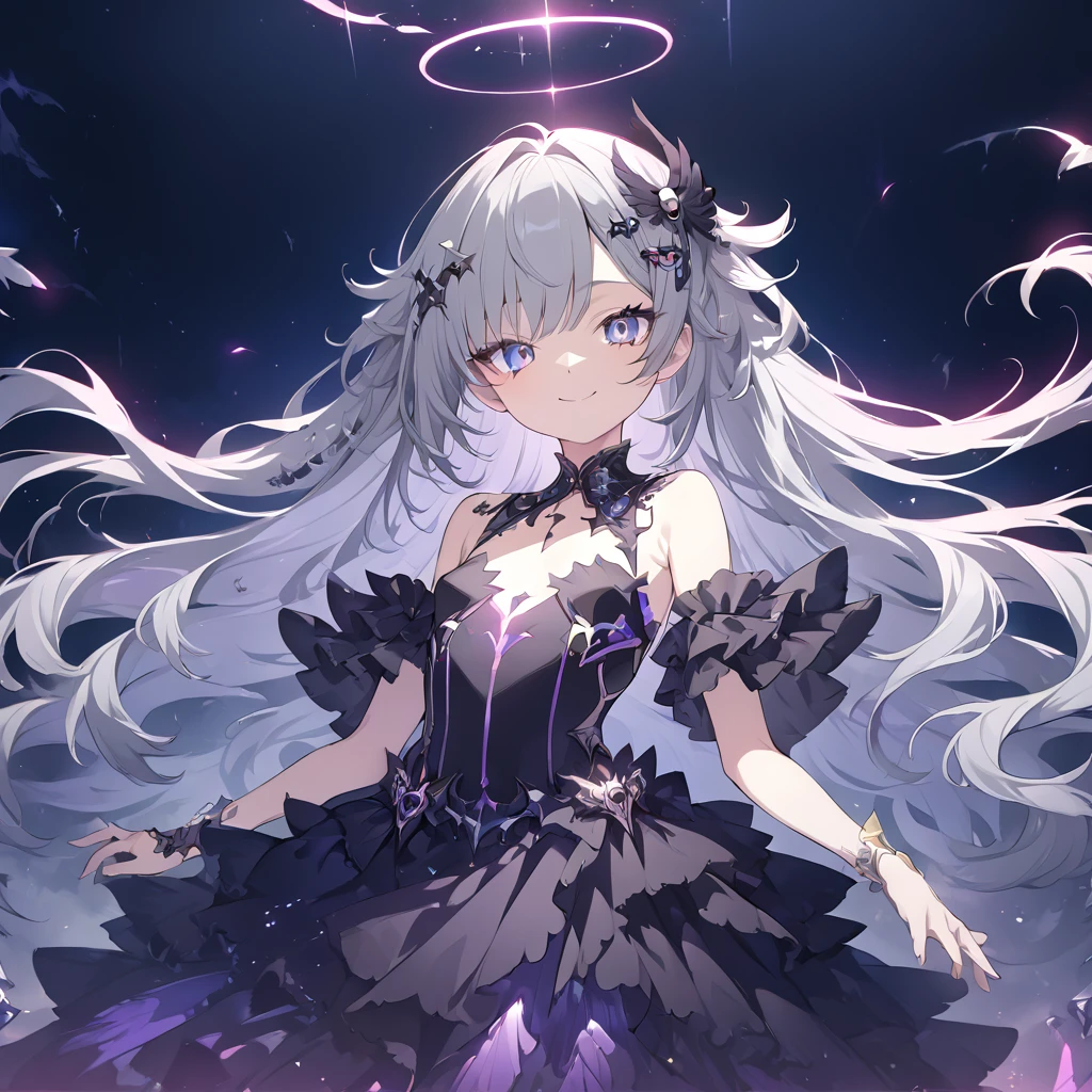 Absurd,anime,Detailed and beautiful eyes,(art),(artistic clothing:1.5),angel,gray hair,smile,(a girl:1.5),from the waist up,(small breasts:1.2),(small chest:1.2),mysterious,fallen Angel,Hello,(Large detailed hair ornament:1.2),(look away:1.5),detailed clothes,Flashy Moves,Mechanical,masterpiece, moe kawaii,abyss,luster,lame,(ultra detailed:1.2), ((highest quality)) ,Extremely Delicately Beautiful ,64k