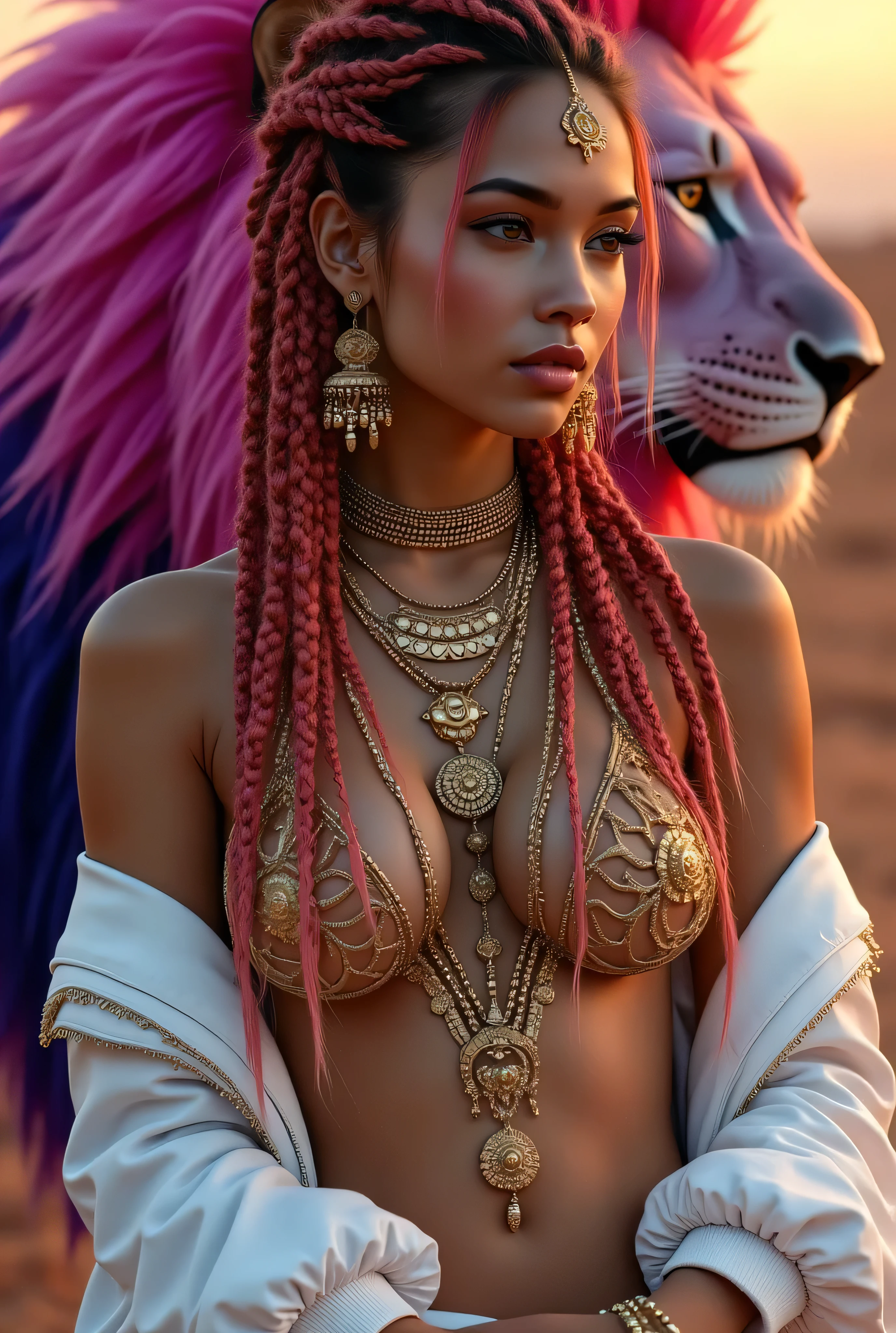a beautiful woman with perfect breasts, highly detailed, hyper-realistic, extremely detailed facial features, with her pet lion bright colourful, beautiful eyes, long eyelashes, elegant, graceful, flowing hair, porcelain skin, feminine curves, cinematic lighting, warm color palette, 8k, photorealistic, award winning digital art