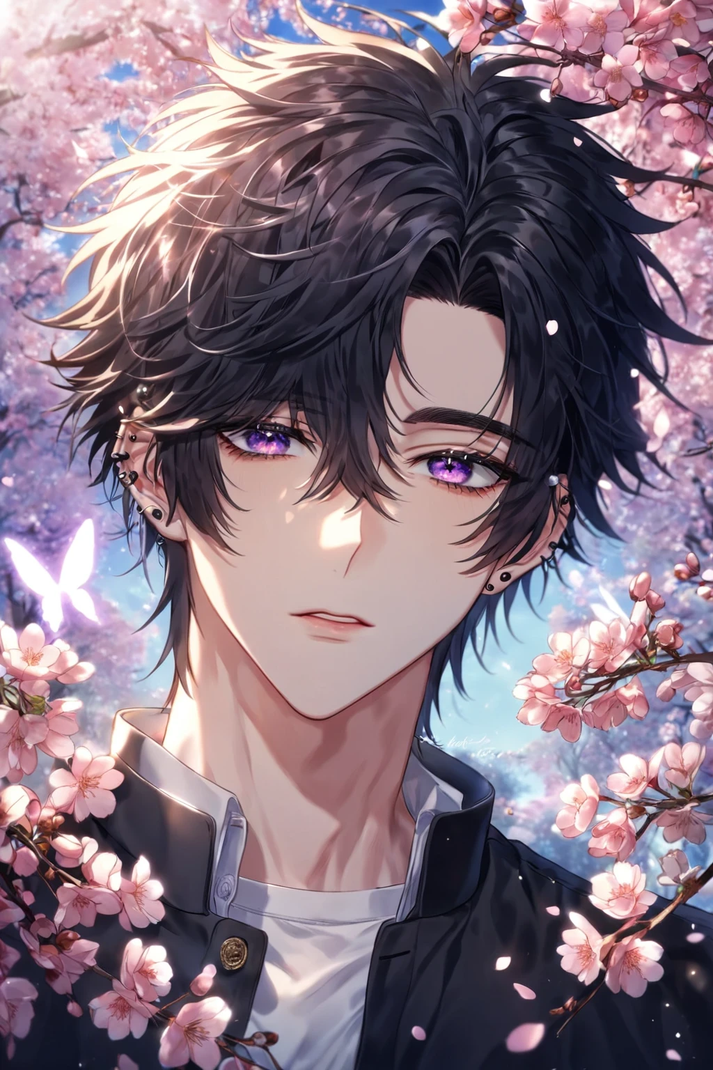 absurdres, highres, ultra detailed, HDR, master piece, best quality, detailed eyes, delicated features, Manhwa Style, Yamada Mikoto, raven black hair that parts just above his left eye, short hair, spiked hair, expressive purple eyes, solo, sexy man, handsome, sensual, adult face, white shirt, black jacket, Japanese school uniform, piercings, spring, garden, pink petals, cherry blossoms, glittering butterflies, pink flower, park, magical, fantasy, Amnesia Memories