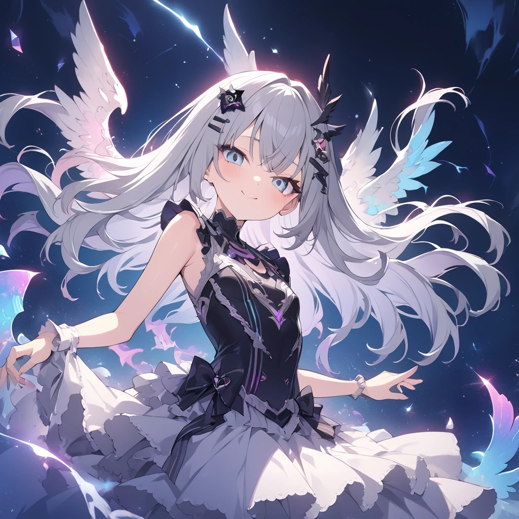 Absurd,anime,Detailed and beautiful eyes,(art),(artistic clothing:1.5),angel,gray hair,smile,(a girl:1.5),from the waist up,(small breasts:1.2),(small chest:1.2),mysterious,fallen Angel,Hello,(Large detailed hair ornament:1.2),(look away:1.5),detailed clothes,Flashy Moves,Mechanical,masterpiece, moe kawaii,abyss,luster,lame,(ultra detailed:1.2), ((highest quality)) ,Extremely Delicately Beautiful ,64k