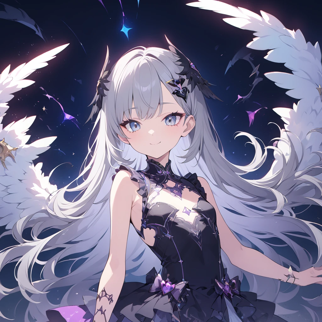 Absurd,anime,Detailed and beautiful eyes,(art),(artistic clothing:1.5),angel,gray hair,smile,(a girl:1.5),from the waist up,(small breasts:1.2),(small chest:1.2),mysterious,fallen Angel,Hello,(Large detailed hair ornament:1.2),(look away:1.5),detailed clothes,Flashy Moves,Mechanical,masterpiece, moe kawaii,abyss,luster,lame,(ultra detailed:1.2), ((highest quality)) ,Extremely Delicately Beautiful ,64k