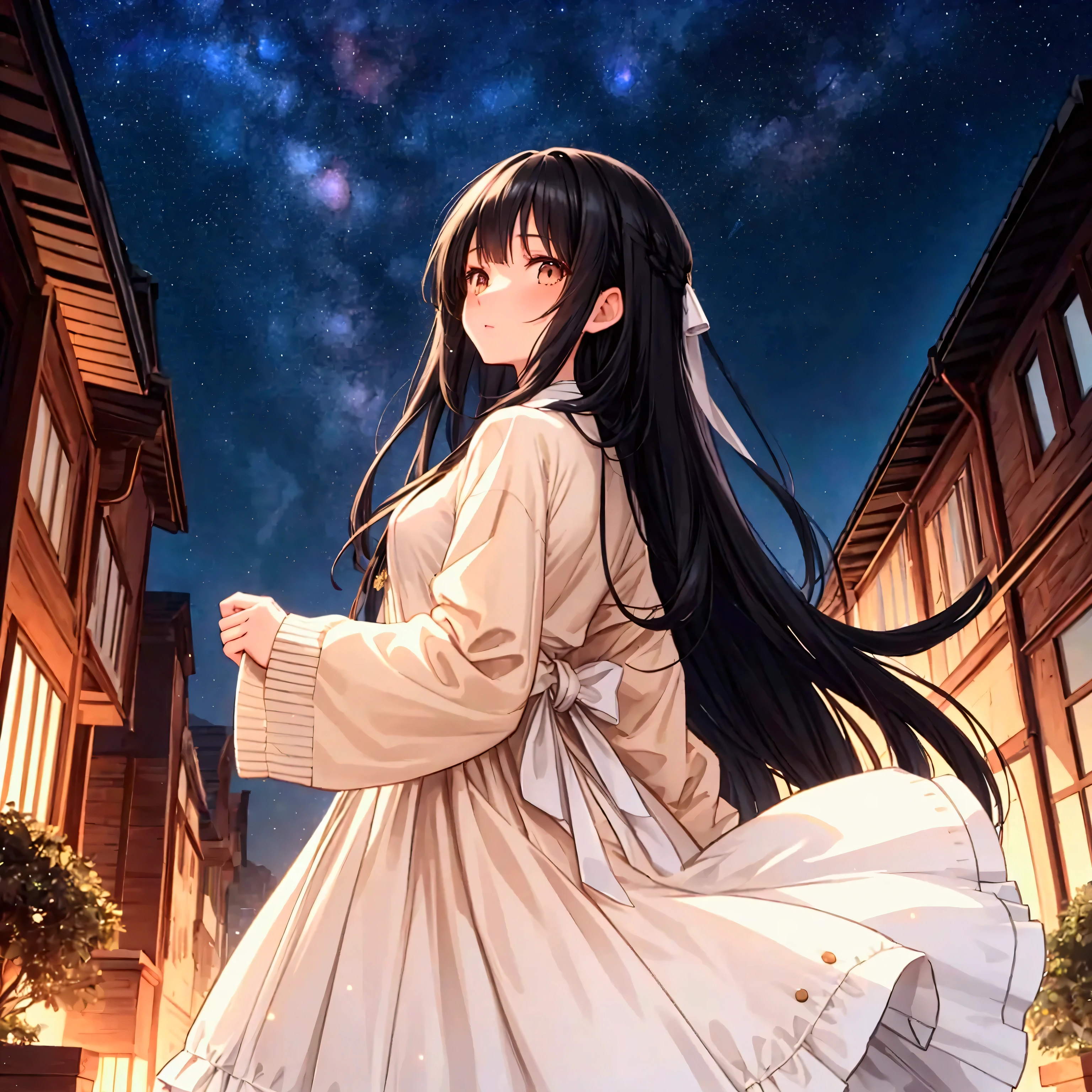 masterpiece, Best Quality,Super detailed,Hyper Detail, Cinematic Light,　A woman with long black hair, 160cm tall　Weight 45kg　Small breasts　Autumn Starry Sky　Do not photograph faces　Looking up at the sky from behind　White dress　Beige cardigan