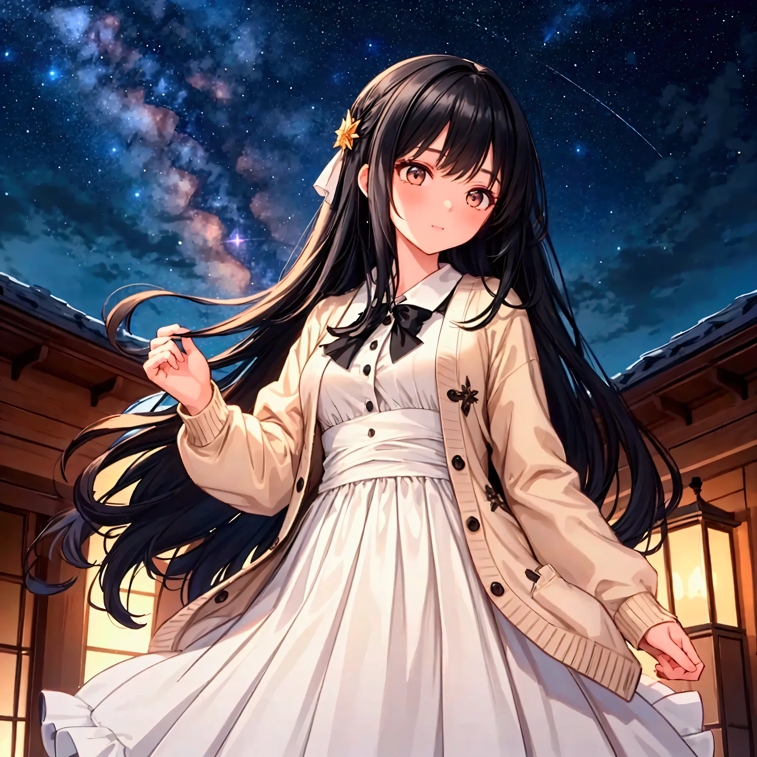 masterpiece, Best Quality,Super detailed,Hyper Detail, Cinematic Light,　A woman with long black hair, 160cm tall　Weight 45kg　Small breasts　Autumn Starry Sky　Do not photograph faces　Looking up at the sky from behind　White dress　Beige cardigan