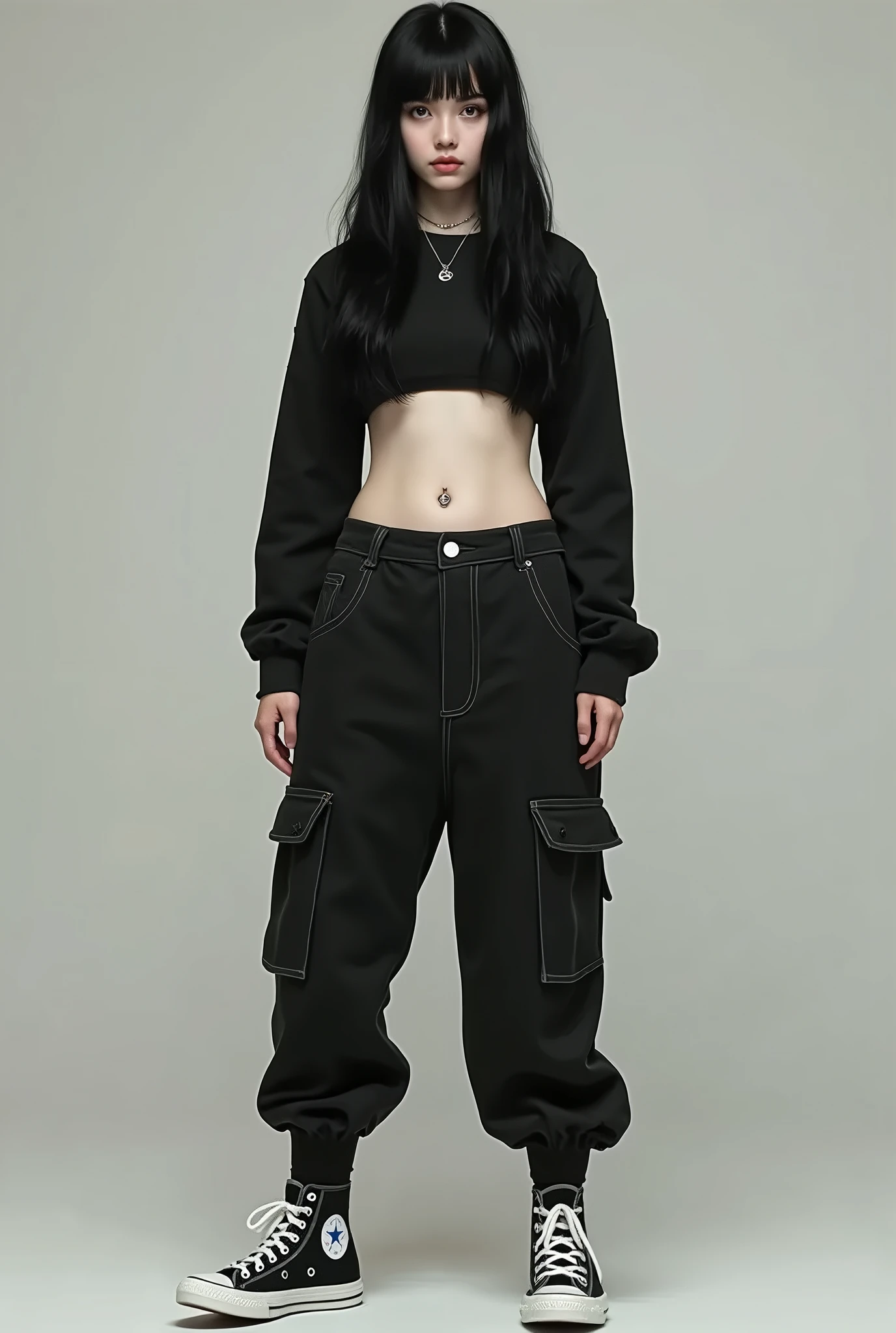 Realistic photo of a Korean male kpop singer, jungkook BTS, 24 years, pale face, beautiful  face, Muscular and strong body, neck length hair light brown wavy,  wearing black men&#39;s crop top,, wearing balaclava, wearing baggy black hip hop jeans with rips showing underwear, white background , standing, fully body, posing for photo shoot, doing poses