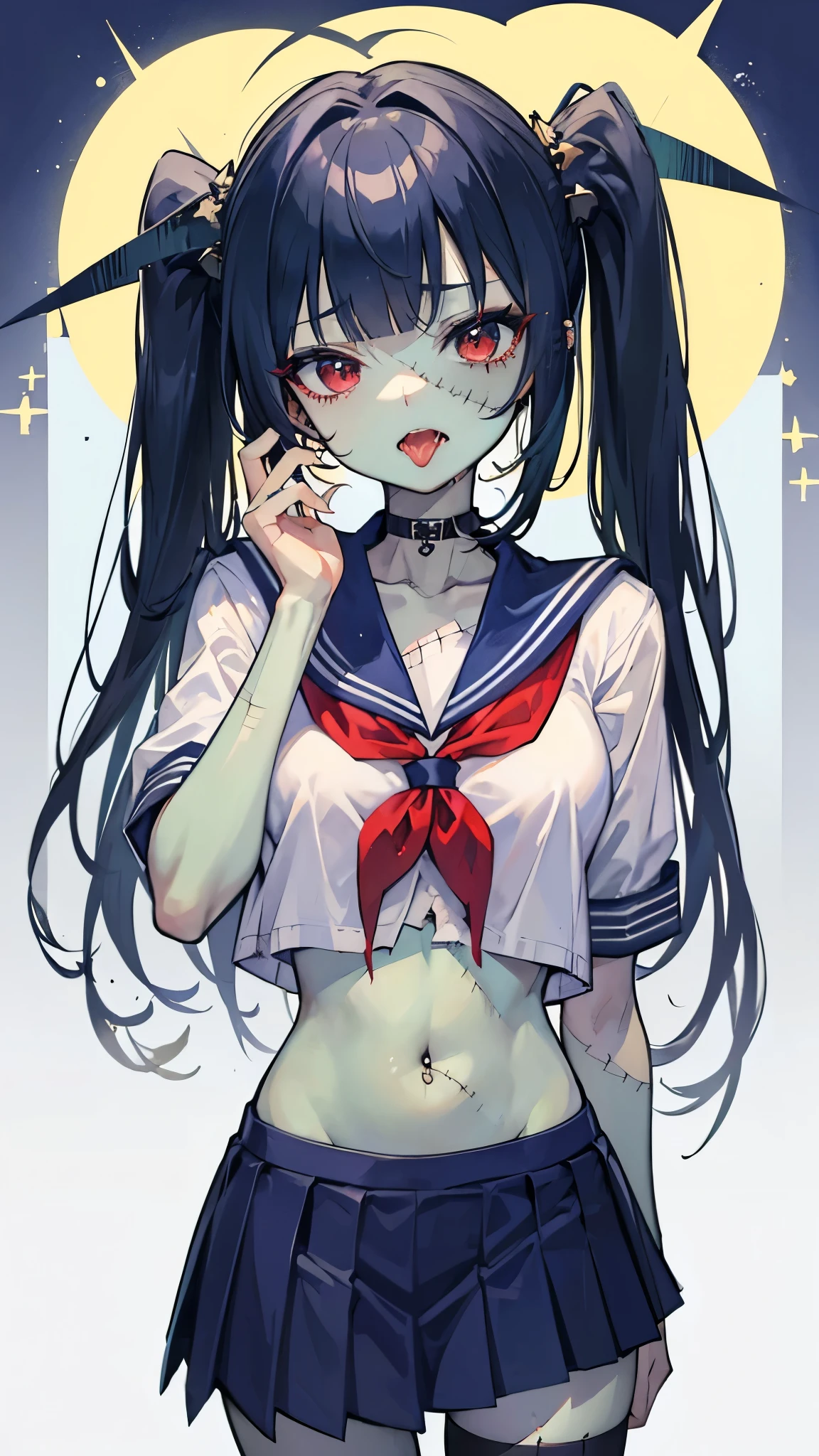 ((masterpiece、Best Quality、Very detailed))、One Girl、((Green Skin))、Black Hair、twintails、blunt bangs、Red eyes、((open mouth))、((tongue licking))、((lots of piercing))、Small breasts、Show your fangs、((school uniform))、((Short sleeve))、((torn clothes))、belly button、((Navy blue pleated skirt))、((((stitched face))))、((patchwork skin))、Cowboy Shot、((night))、Gravestone Background