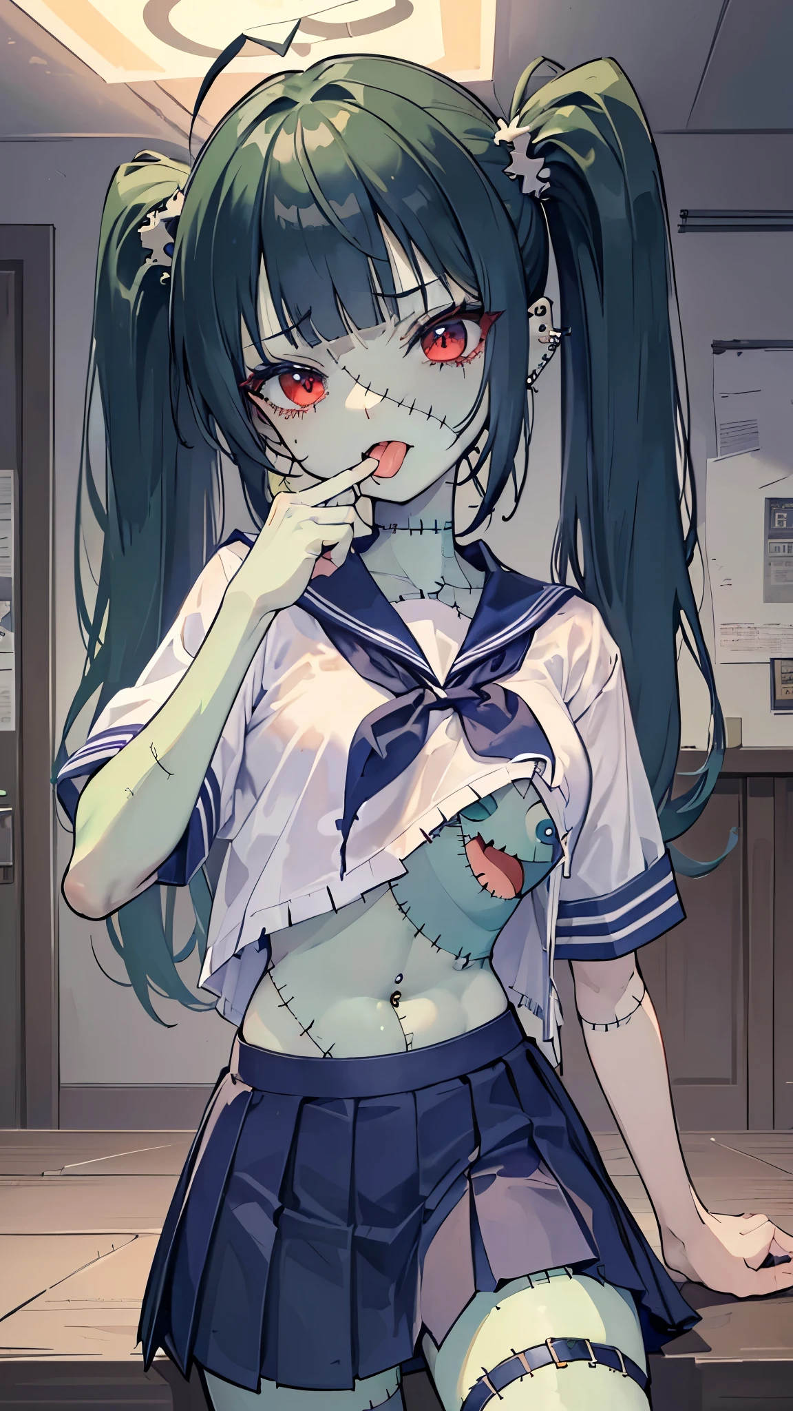 ((masterpiece、Best Quality、Very detailed))、One Girl、((Green Skin))、Black Hair、twintails、blunt bangs、Red eyes、((open mouth))、((tongue licking))、((lots of piercing))、Small breasts、Show your fangs、((school uniform))、((Short sleeve))、((torn clothes))、belly button、((Navy blue pleated skirt))、((((stitched face))))、((patchwork skin))、Cowboy Shot、((night))、cemetery