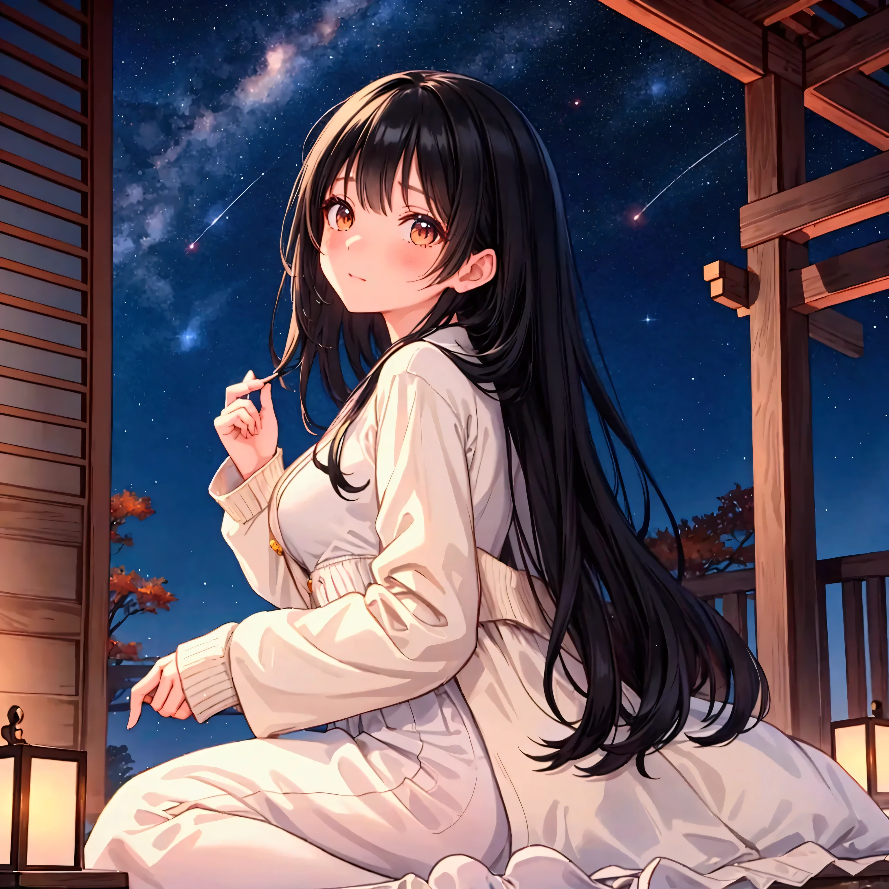 顔は写さない　後ろ姿　masterpiece, Best Quality,Super detailed,Hyper Detail, Cinematic Light,　A woman with long black hair, 160cm tall　Weight 45kg　Small breasts　Autumn Starry Sky　Do not photograph faces　Looking up at the sky from behind　White dress　Beige cardigan