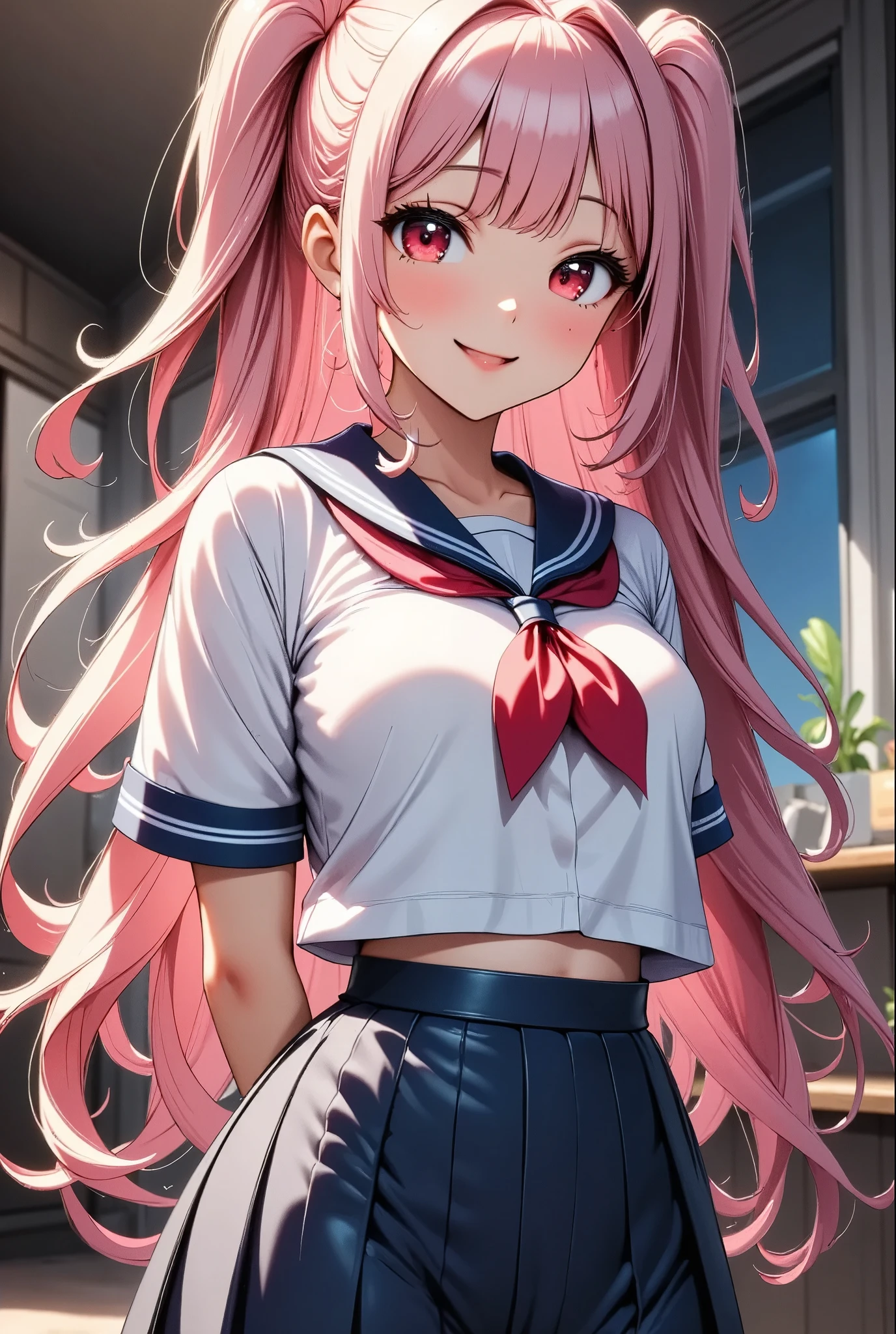 nodokaharamura, Haramura Notoka, Blue eyes, Hair Bow, Long hair, Pink hair, bow,
Black blue skirt, Kiyosumi school uniform, Pleated skirt, school uniform, serafuku, Skirt,
BREAK looking at viewer,
Break indoors, crass room,
Break (masutepiece:1.2), Best quality, high resolution, Unity 8k壁纸, (illustration:0.8), (Beautiful detailed eyes:1.6), extra detailed face, Perfect lighting, extremaly detailed cg, (Perfect hands, Perfect anatomy),Seductive smile,gigantic cleavage breasts,From below,cumdrip,Female , juice,Female masturbation,cum string,excessive cum,Clothing that exposes,zettai ryouiki,Crop top,navel,Bukkake