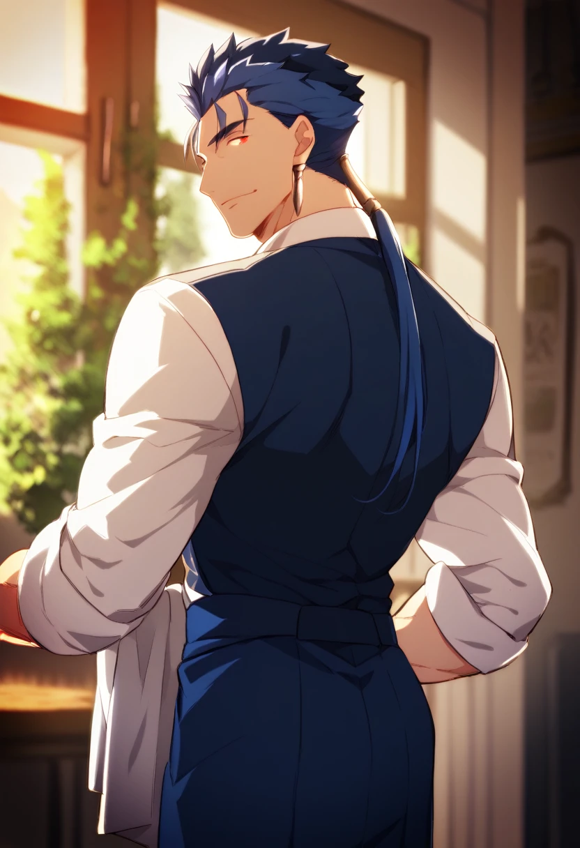 cu Chulainn Lancer blue dressed as a waiter with good body little muscled with red eyes anime with a flirtatious look showing a small butt