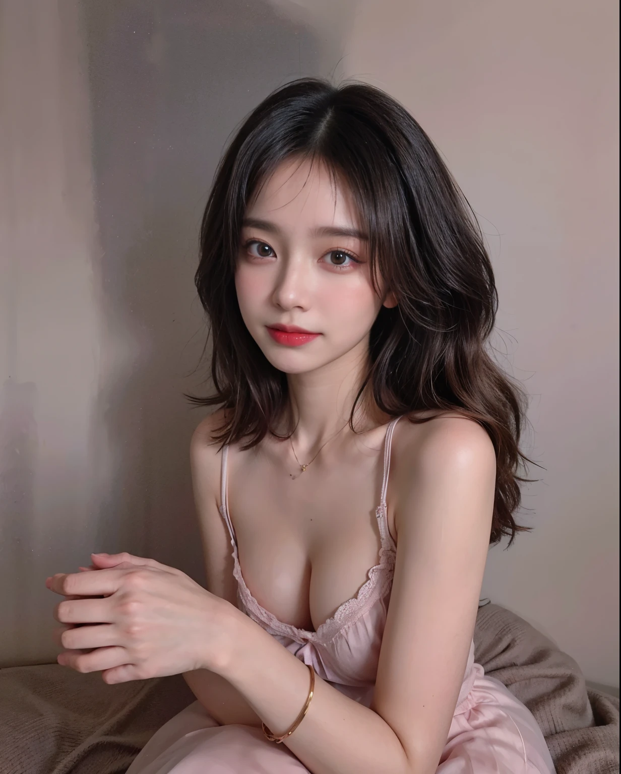 A beautiful girl, with dark red hair, with curly tips, with two bows on each side of her hair, all her hair brown-white, with a star clip in her brown-white hair, light-colored eyes, beautiful eyes, teary eyes, a beautiful and perky nose, a teary nose, pretty lips, soft red lips, heart-shaped and cupid's bow lips, beautiful pale skin, white skin, with freckles and moles all over her face, soft pink blush on her cheeks, natural pink blush, gothic soft makeup, a cruel gothic girl, a beautiful neck, a marked neck, furrowing her brow, a tender gaze, wearing a kiss necklace, a beautiful kiss necklace, wearing a shirt style YK2, with a YK2- miniskirt, while wearing a jacket, with a bare, slim, and beautiful abdomen, (large breasts, soft breasts, beautiful breasts), makeup dark, looking at the camera, taking a nice selfie.