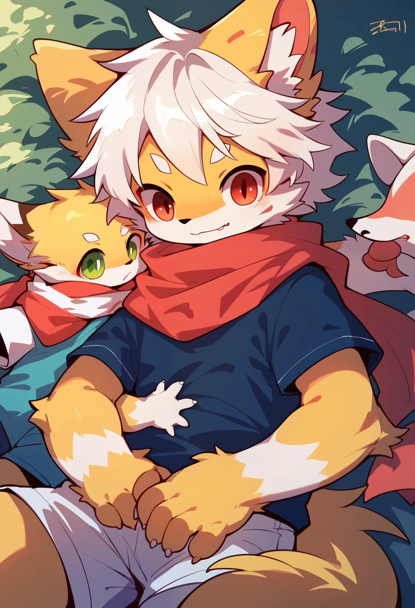 Fox Boy，furry boy，Characteristics of young children，White hair，Yellow skin，White Arm，Short sleeve，red scarf