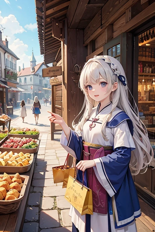 A wizard girl on a shopping date at a medieval market。Finding a potion and talking to the shopkeeper