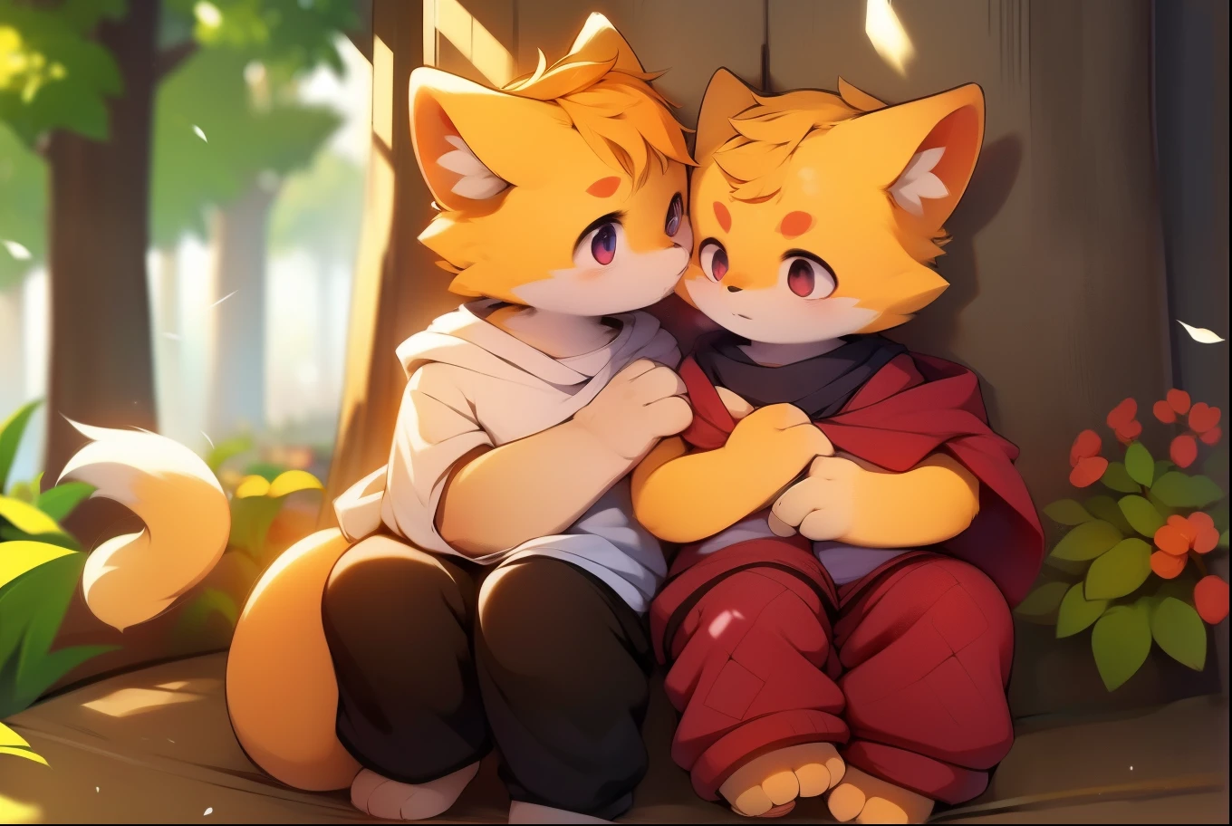 Dog boy and fox girl, 4K quality, high resolution,                Hold hands, Deep Kiss,Drooling, Wearing a red collar,       Feelings of love,Cute face,Crying in bed, 