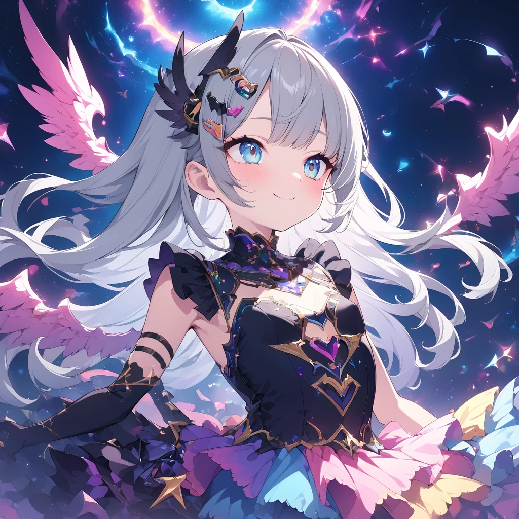 Absurd,anime,Detailed and beautiful eyes,(art),(artistic clothing:1.5),angel,gray hair,smile,(a girl:1.5),from the waist up,(small breasts:1.2),(small chest:1.2),mysterious,fallen Angel,Hello,(Large detailed hair ornament:1.2),(look away:1.5),detailed clothes,Flashy Moves,Mechanical,masterpiece, moe kawaii,abyss,luster,lame,(ultra detailed:1.2), ((highest quality)) ,Extremely Delicately Beautiful ,64k