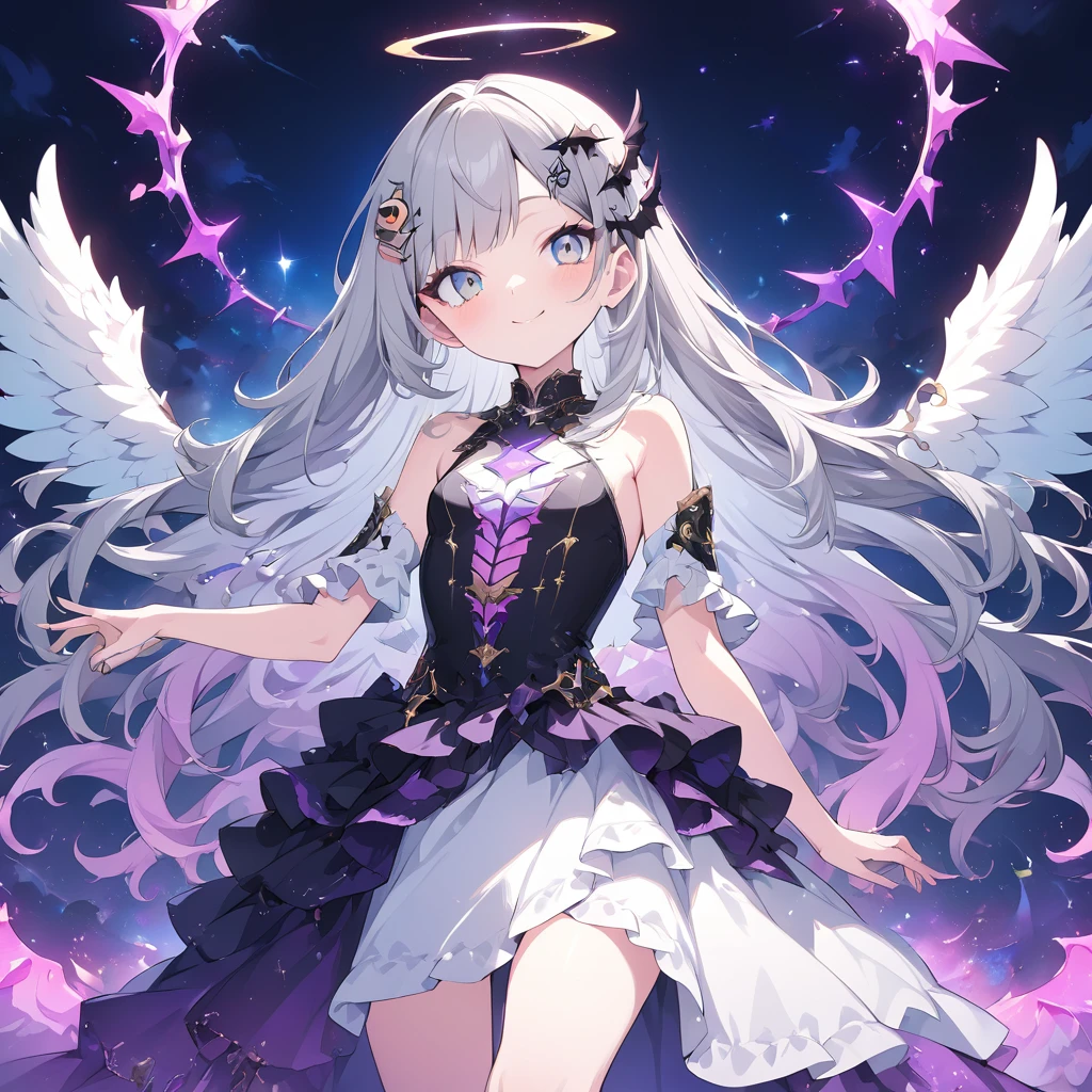 Absurd,anime,Detailed and beautiful eyes,(art),(artistic clothing:1.5),angel,gray hair,smile,(a girl:1.5),from the waist up,(small breasts:1.2),(small chest:1.2),mysterious,fallen Angel,Hello,(Large detailed hair ornament:1.2),(look away:1.5),detailed clothes,Flashy Moves,Mechanical,masterpiece, moe kawaii,abyss,luster,lame,(ultra detailed:1.2), ((highest quality)) ,Extremely Delicately Beautiful ,64k