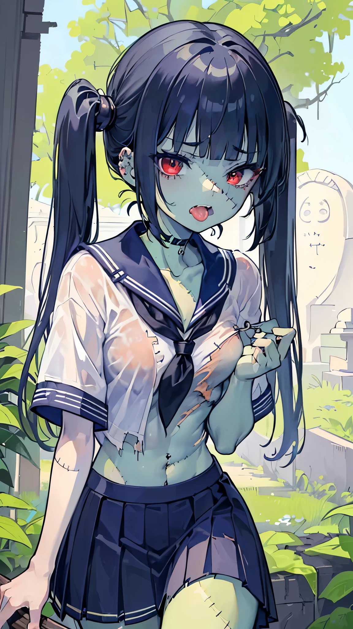 ((masterpiece、Best Quality、Very detailed))、One Girl、((Green Skin))、Black Hair、twintails、blunt bangs、Red eyes、((open mouth))、((tongue licking))、((lots of piercing))、Small breasts、Show your fangs、((school uniform))、((Short sleeve))、((torn clothes:1.3))、belly button、((Navy blue pleated skirt))、((((stitched face))))、((patchwork skin))、Cowboy Shot、((night))、cemetery