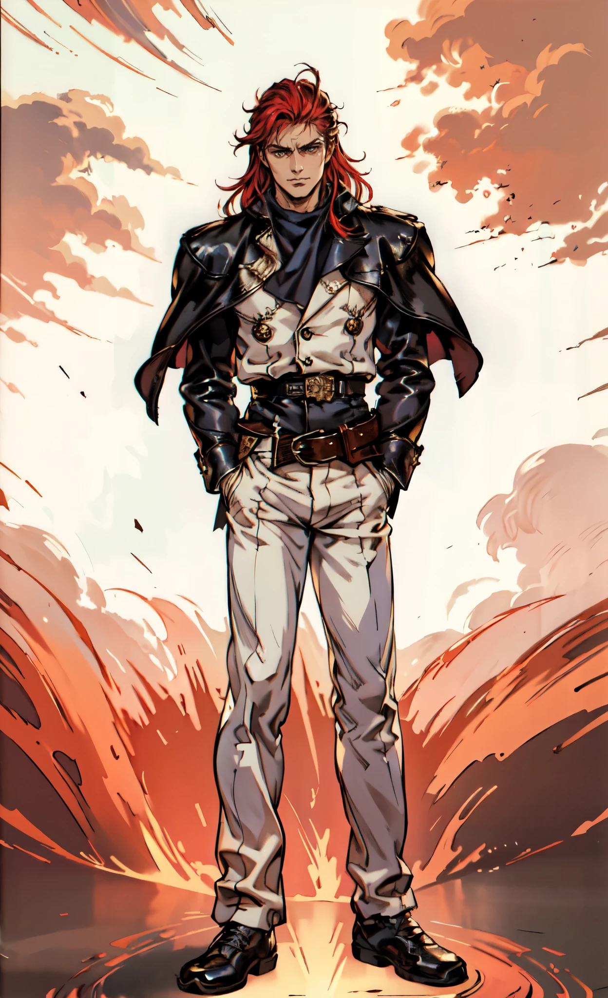 (masterpiece:1.2, best quality:1.2, extremely delicate:1.2), ((male:1.5)), a young man with long red hair, delicate face, gentle eyes, peaceful expression, fantasy-realism style outfit, a red and black short cape, a blue and white leather jacket, a belt, white pants, sneakers, his hands in his pockets, he strolls by a lakeside under dark cloudy skies, this character embodies a finely crafted fantasy-realism style Wise in anime style, exquisite and mature manga art style, dramatic, high definition, highres, ultra-detailed, ultra-fine painting, professional, perfect body proportions, golden ratio, anatomically correct, symmetrical face, extremely detailed eyes and face, high quality eyes, creativity, RAW photo, UHD, 32k, Natural light, cinematic lighting, (masterpiece-anatomy-perfect:1.2)