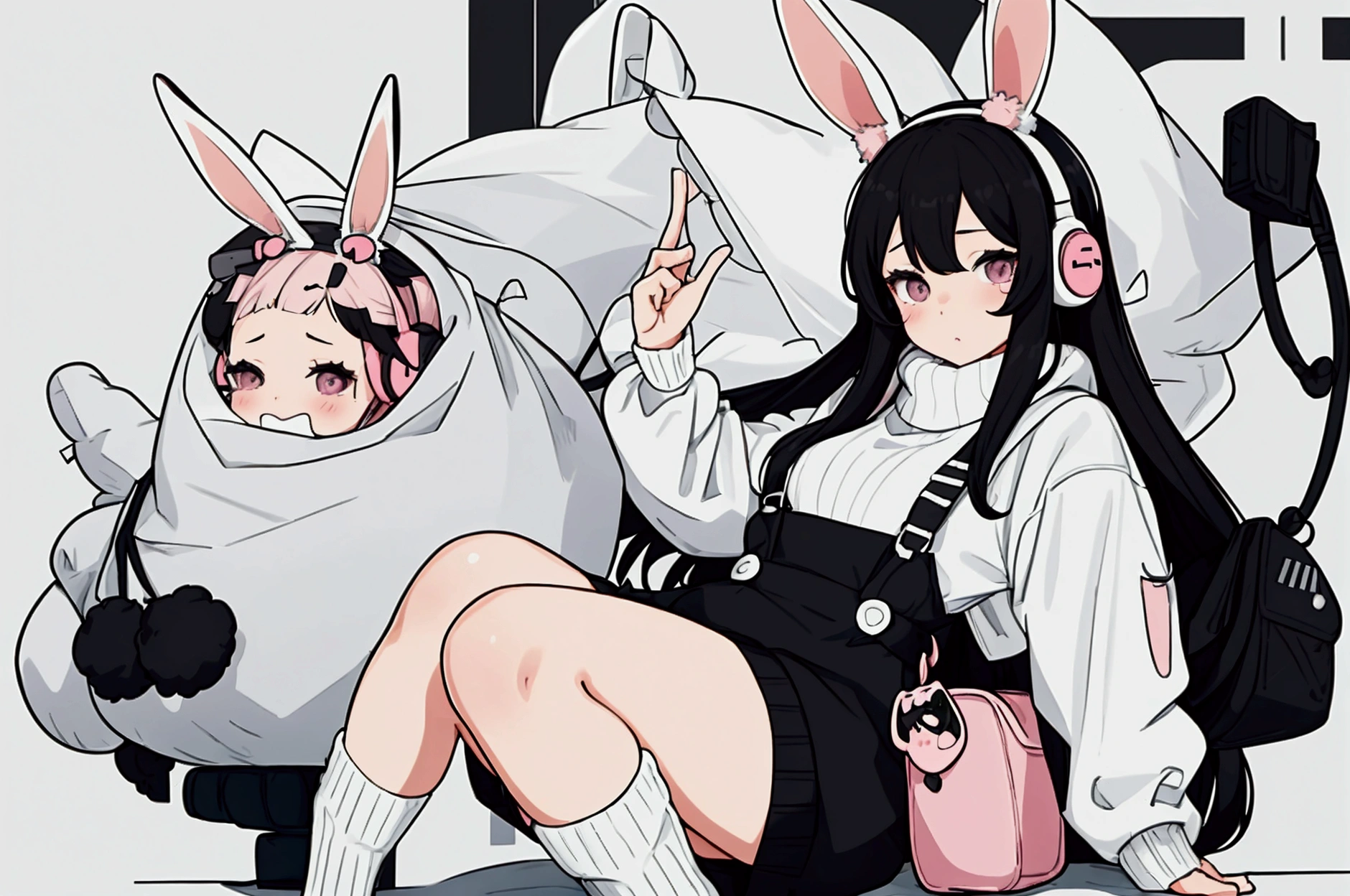(aesthetic, high quality, ultra detailed CG), a blushing girl, short black hair, big eyes, "panda theme hoodie", wearing a diaper, black thigh high socks and mary jane shoes, a full body portrait, standing up pose, casual dynamic pose, high key lighting, pastel colors, anime-style, light green bright background.
