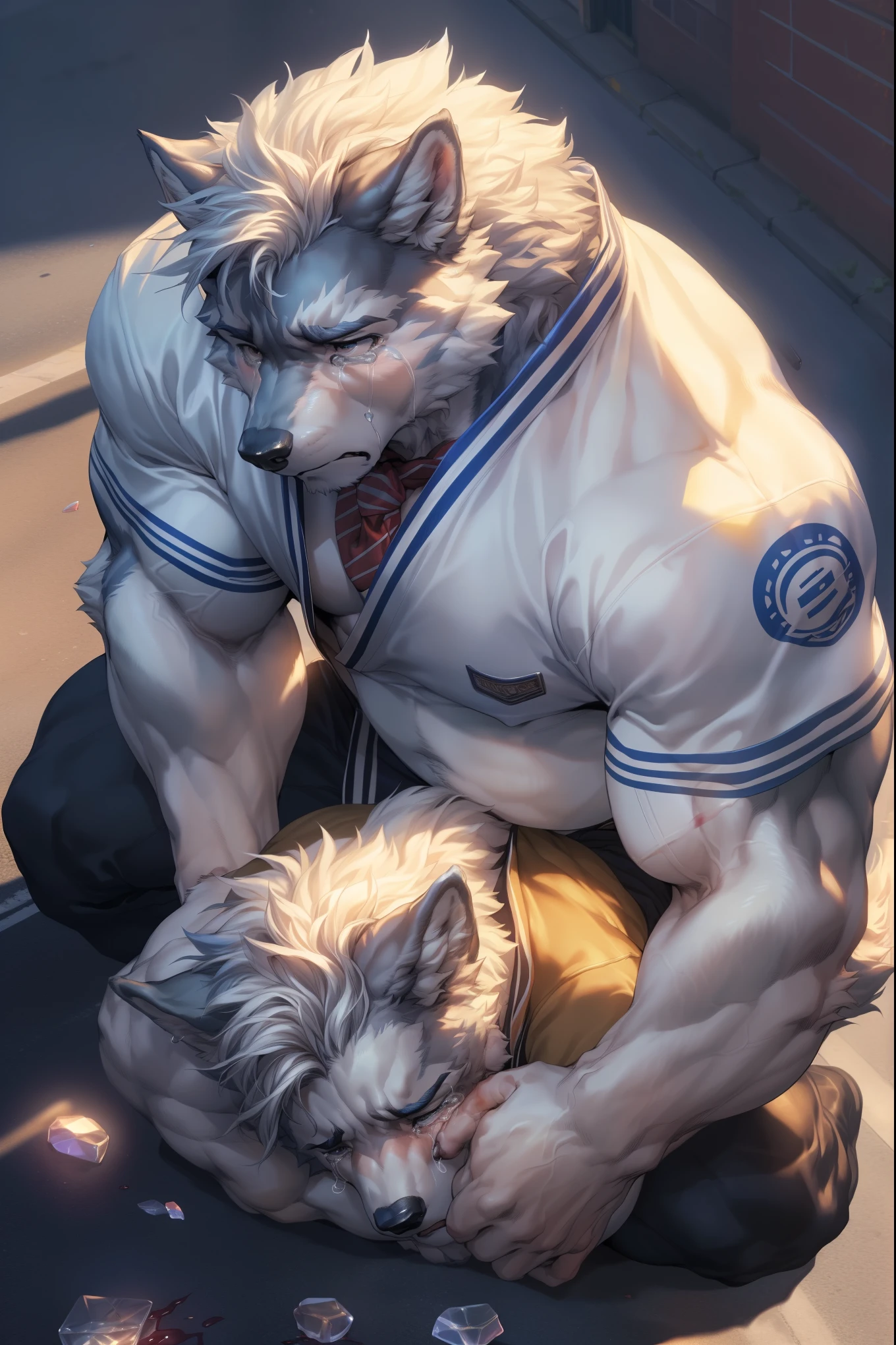 duo, skinsuit chubby gray wolf dad touching ( one sleeping polar well built polar bear laying on the table ),blue eyes staring below , naked white briefs , feet white  sock,  profile, fulfilled face, kemono , high quality  , by rossciaco )  , 