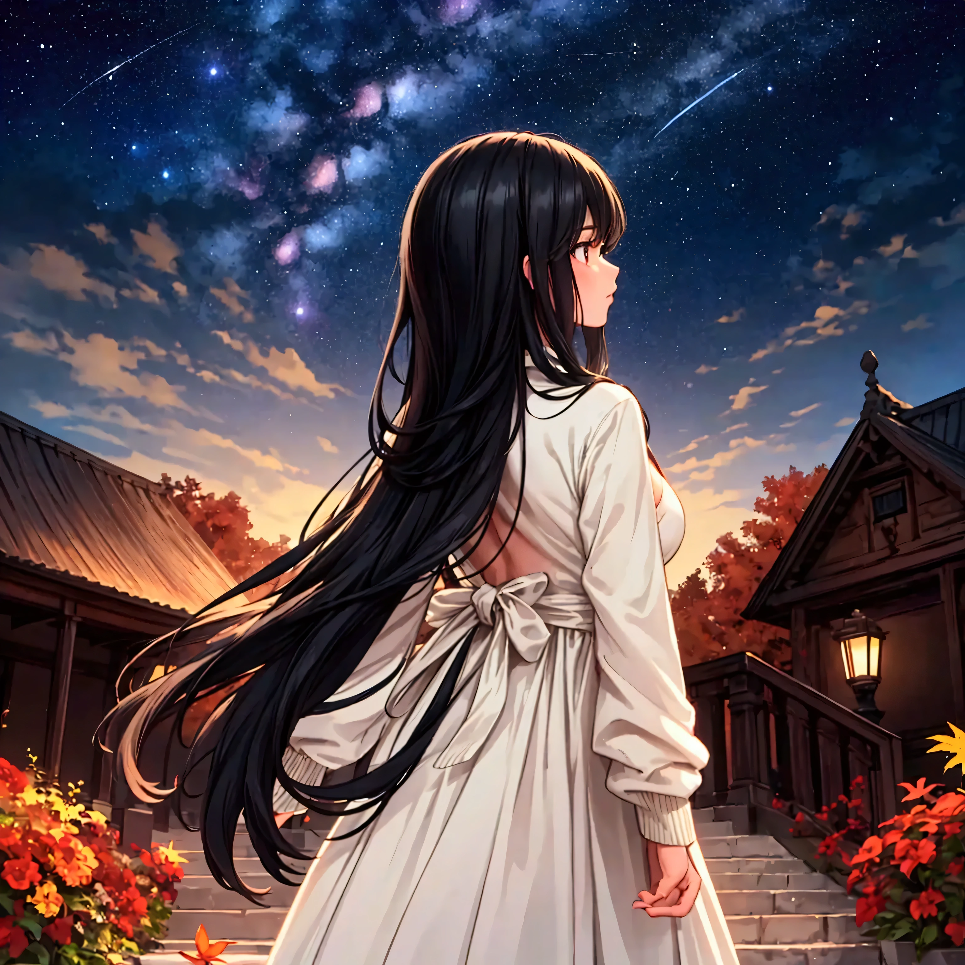 Face not shown　back of head　Rear view　masterpiece, Best Quality,Super detailed,Hyper Detail, Cinematic Light,　A woman with long black hair, 160cm tall　Weight 45kg　Small breasts　Autumn Starry Sky　Do not photograph faces　Looking up at the sky from behind　White dress　Beige cardigan