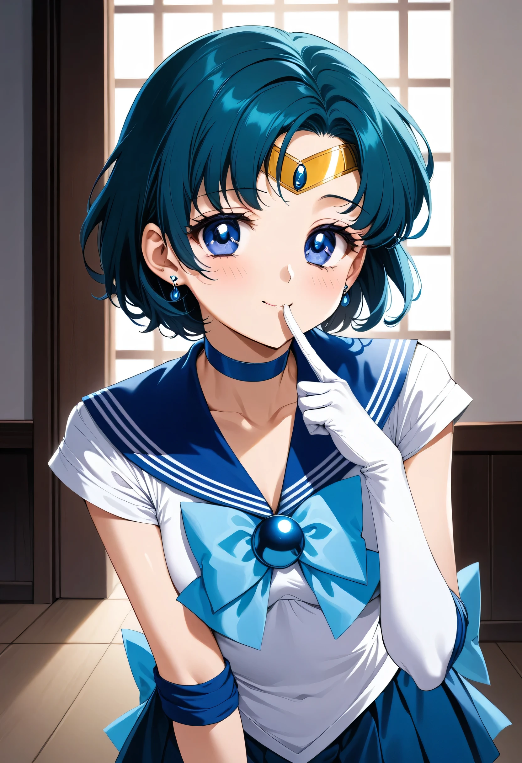 (masterpiece, Best Quality, is very beautiful, Super detailed), Intricate details, 4K, mercury, short hair, Blue Hair, Tiara, Earrings, blue eyes, Blue Choker, Blue sailor collar, Blue bow tie, White shirt, Gloves with elbow pads, White gloves, Pleated skirt, Blue Skirt, barefoot, smile, Keep quiet, Lean forward, Upper Body, Put your finger over your mouth, indoor,