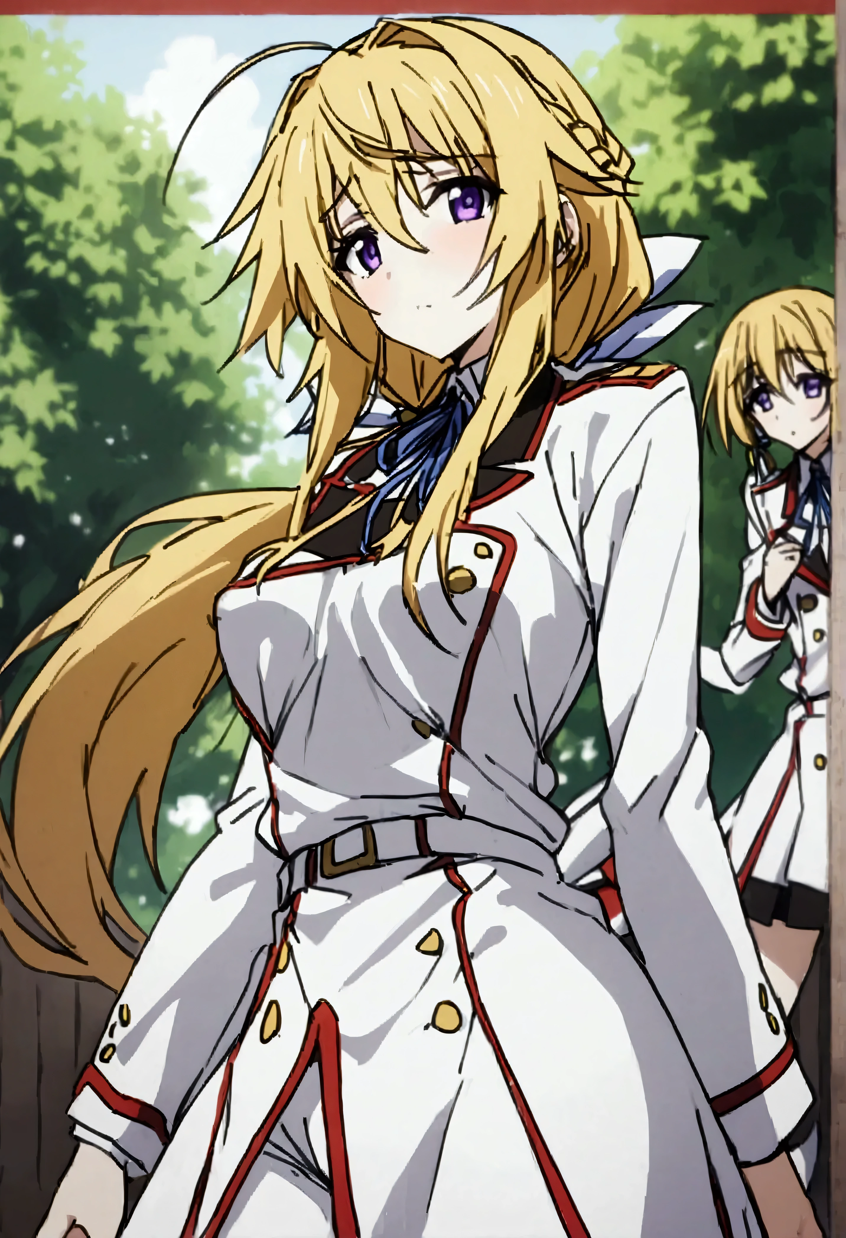 NSFW,masterpiece,Best Quality,High resolution,Very detailed,Charlotte Dunois\(Infinite Stratos\),Long Hair、Blonde Hair、ribbon、Purple Eyes、ponytail、ヘアribbon、Student Uniform、ribbon、青いribbon、Long sleeve、Red border、uniform、uniform、白いuniform