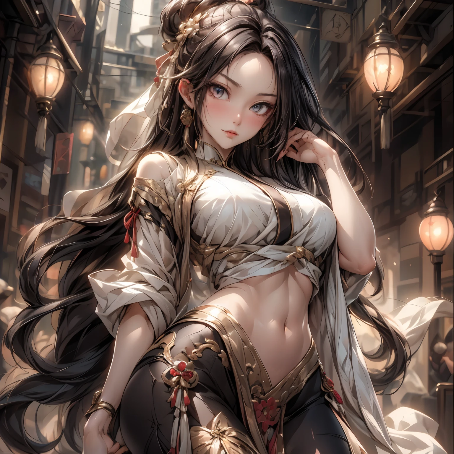 Masterpiece,Best quality, A still from a dark fantasy movie from the future, (pastel colour, dim colors, soothing tones:1.5),blend, Medium shot, Bokeh, (hdr:1.4), Masterpiece,conceito, 4K, HD, Cute girl in lingerie, hanfu, sexy camisole, Bare belly, (Cinematic, Red and black :0.85), The faces of the audience, dramatic pose, skinny skirt
