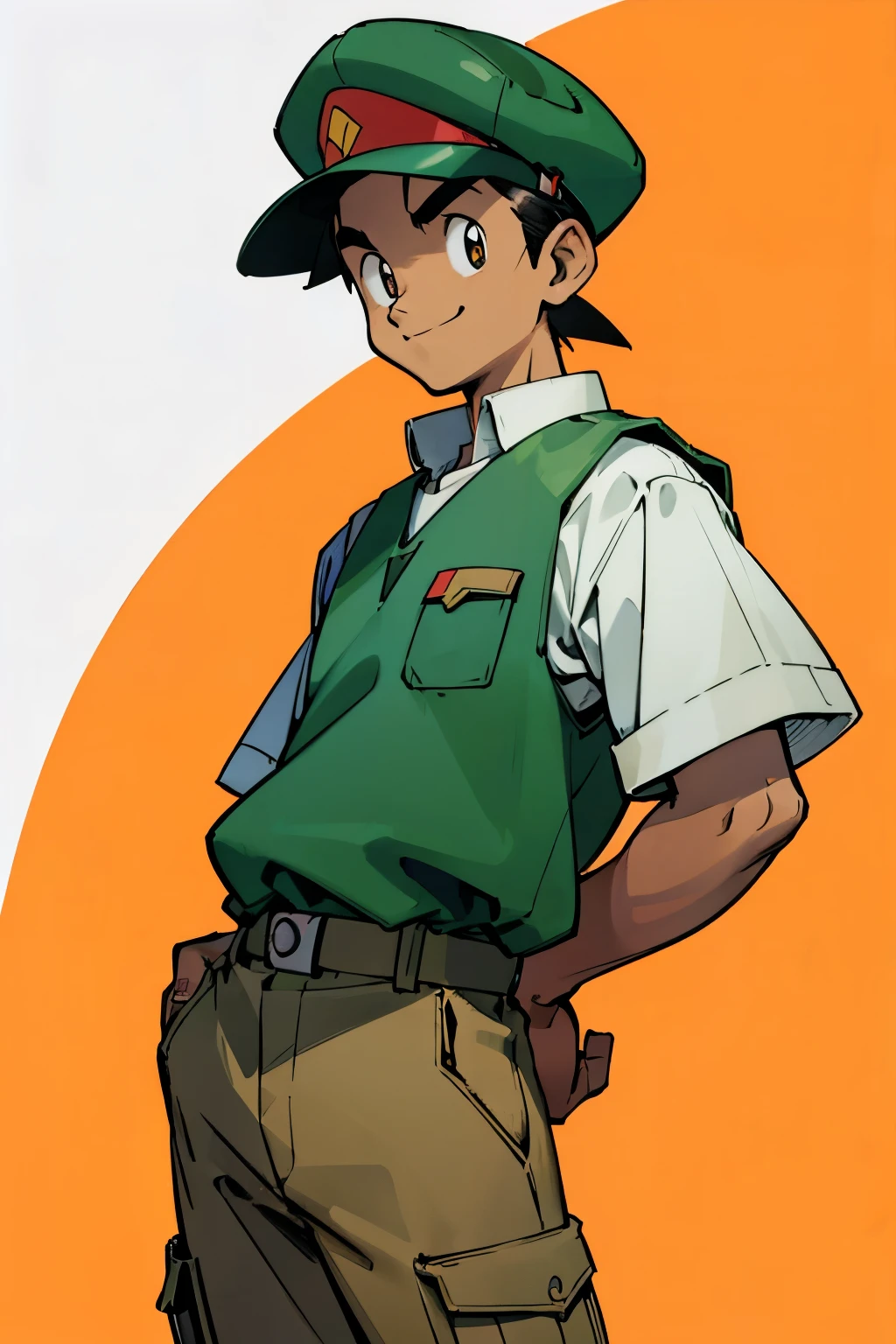 by Ken Sugimori, sugimori 1990s, ((only 1man)), tanned skin, green survivalist vest, khaki pants, tan  fedora, fat, smiling ((hands behind their back)), full black pupils, manga, best quality, highly detailed, clean lines, cowboy shot, good hands, good eyes, hd, 8k, professional, symmetrical, hires, 8k,