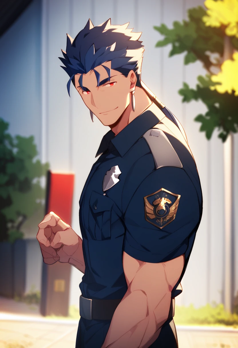 cu Chulainn Lancer blue police uniform with good body not very muscular with red eyes anime with a flirtatious look.